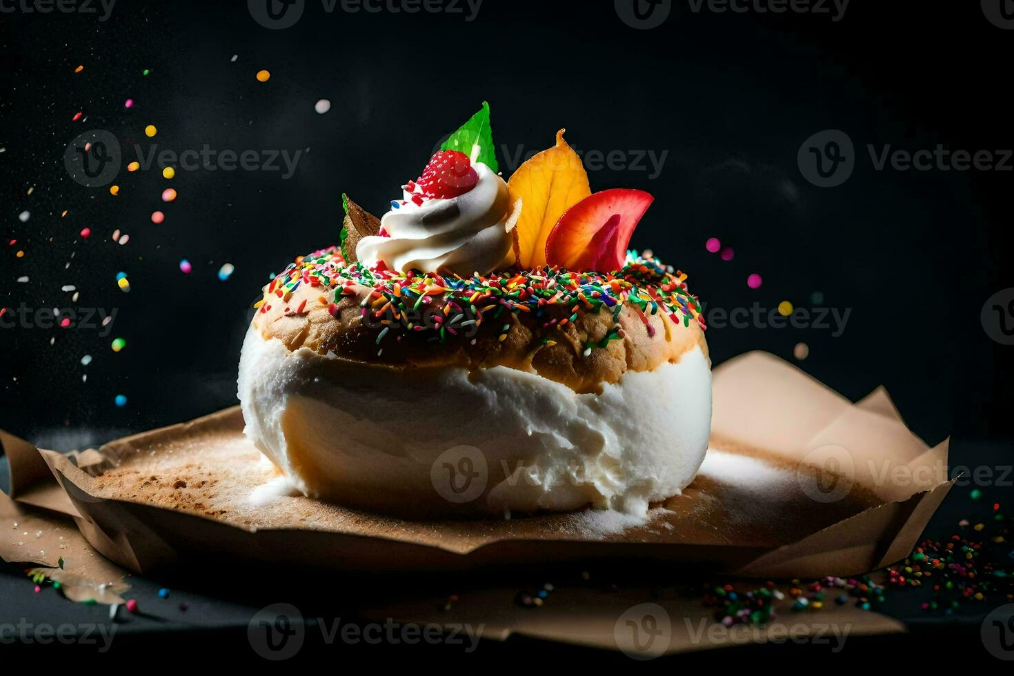 a dessert with whipped cream and sprinkles. AI-Generated photo