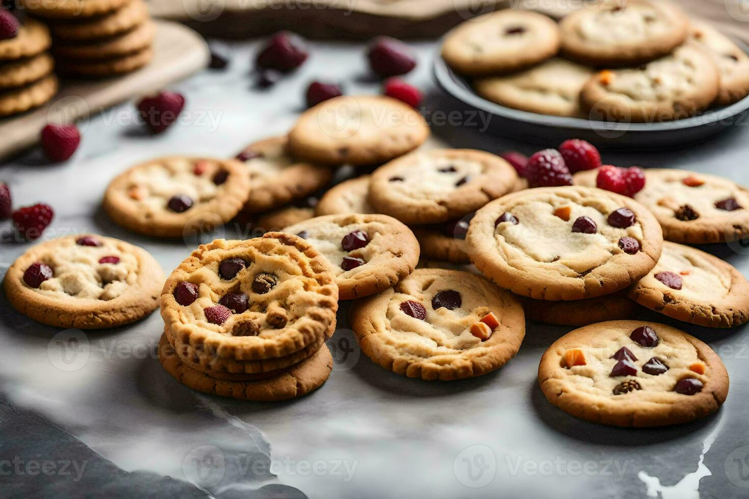 a pile of cookies with raspberries and chocolate chips. AI-Generated photo