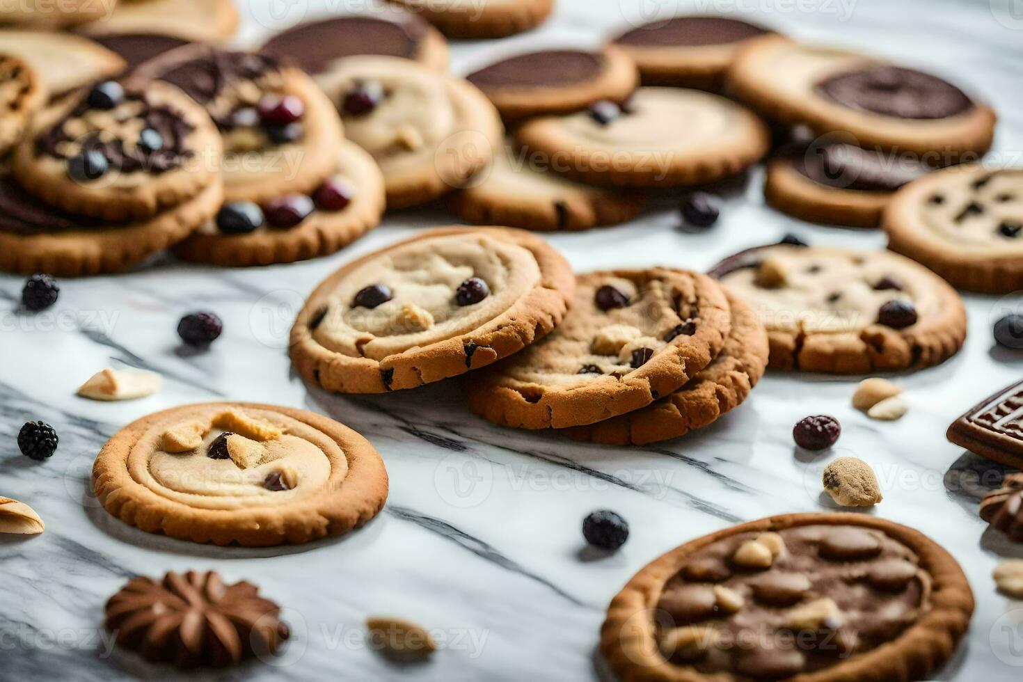 chocolate chip cookies on a marble countertop. AI-Generated photo