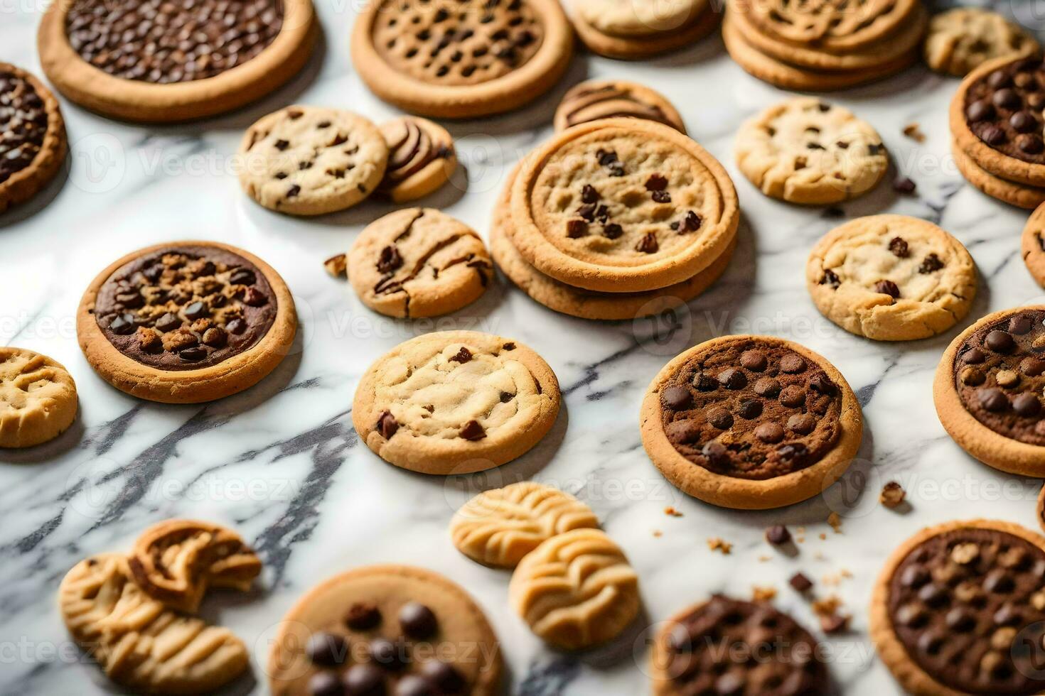 a variety of cookies and cookies on a marble surface. AI-Generated photo