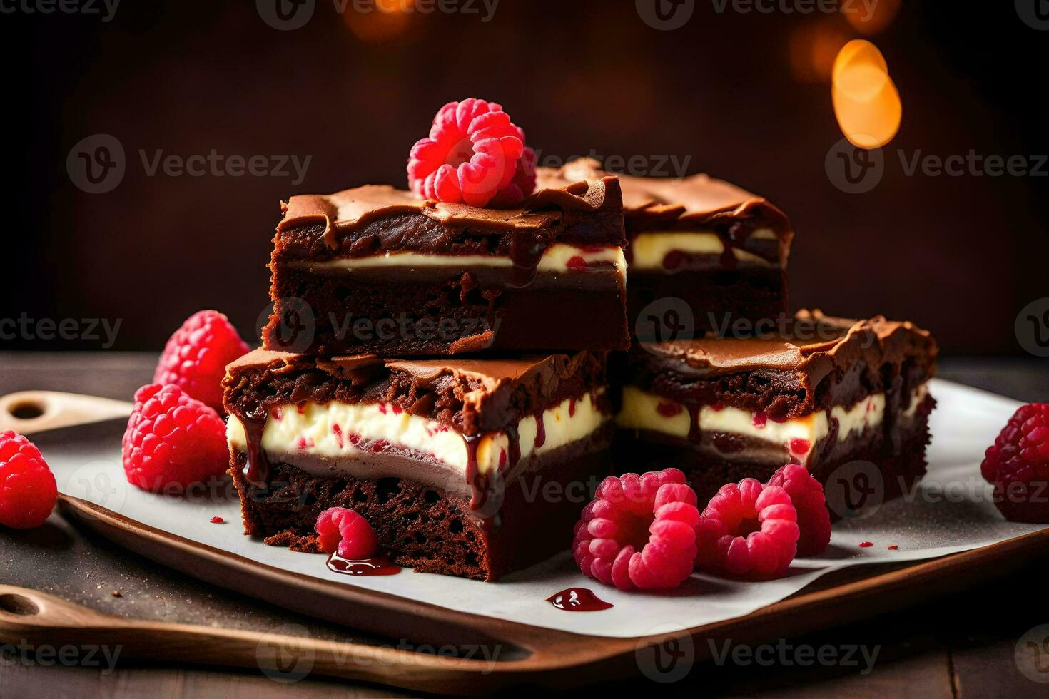 chocolate brownies with raspberries on a wooden table. AI-Generated photo