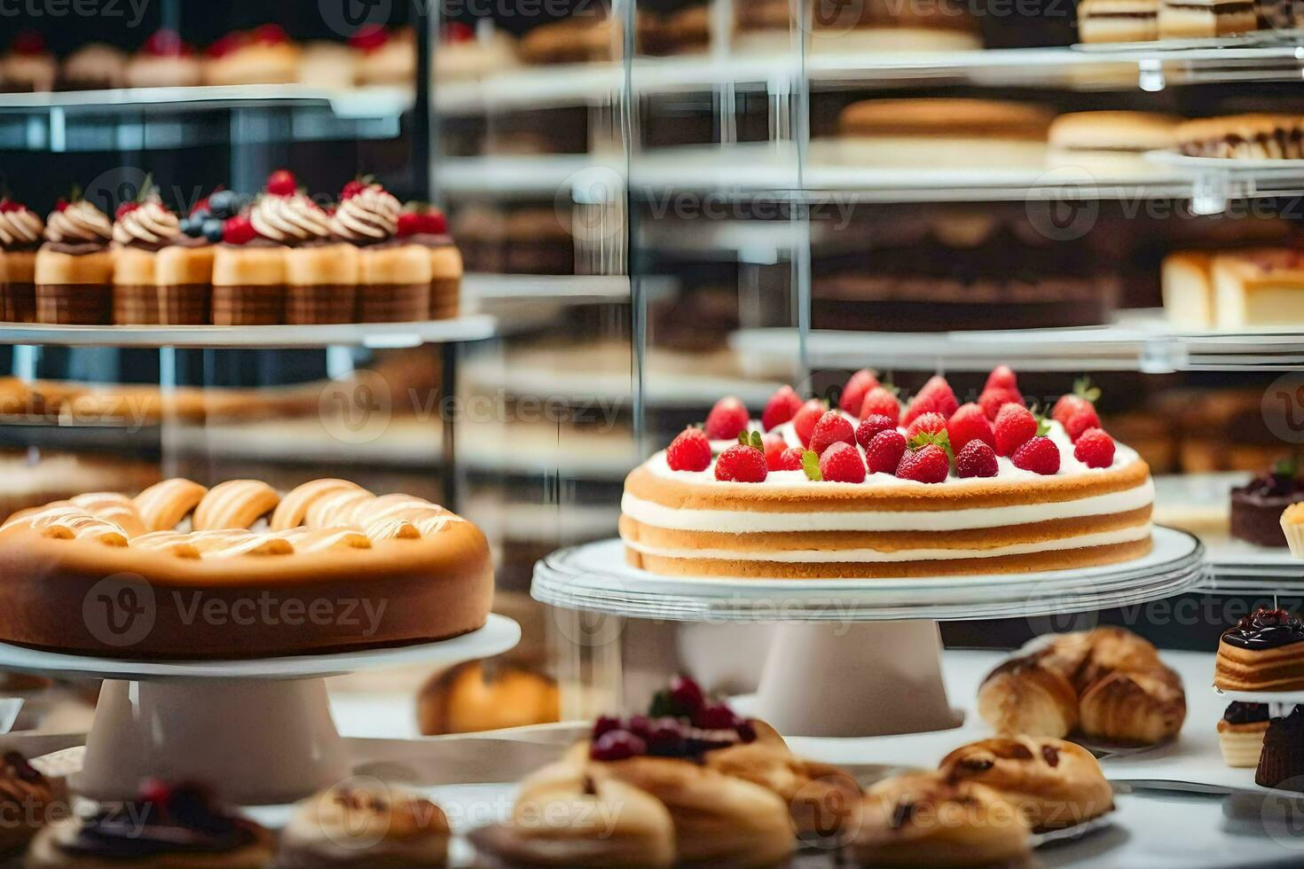 muchos diferente tipos de pasteles son en monitor en un panadería. generado por ai foto