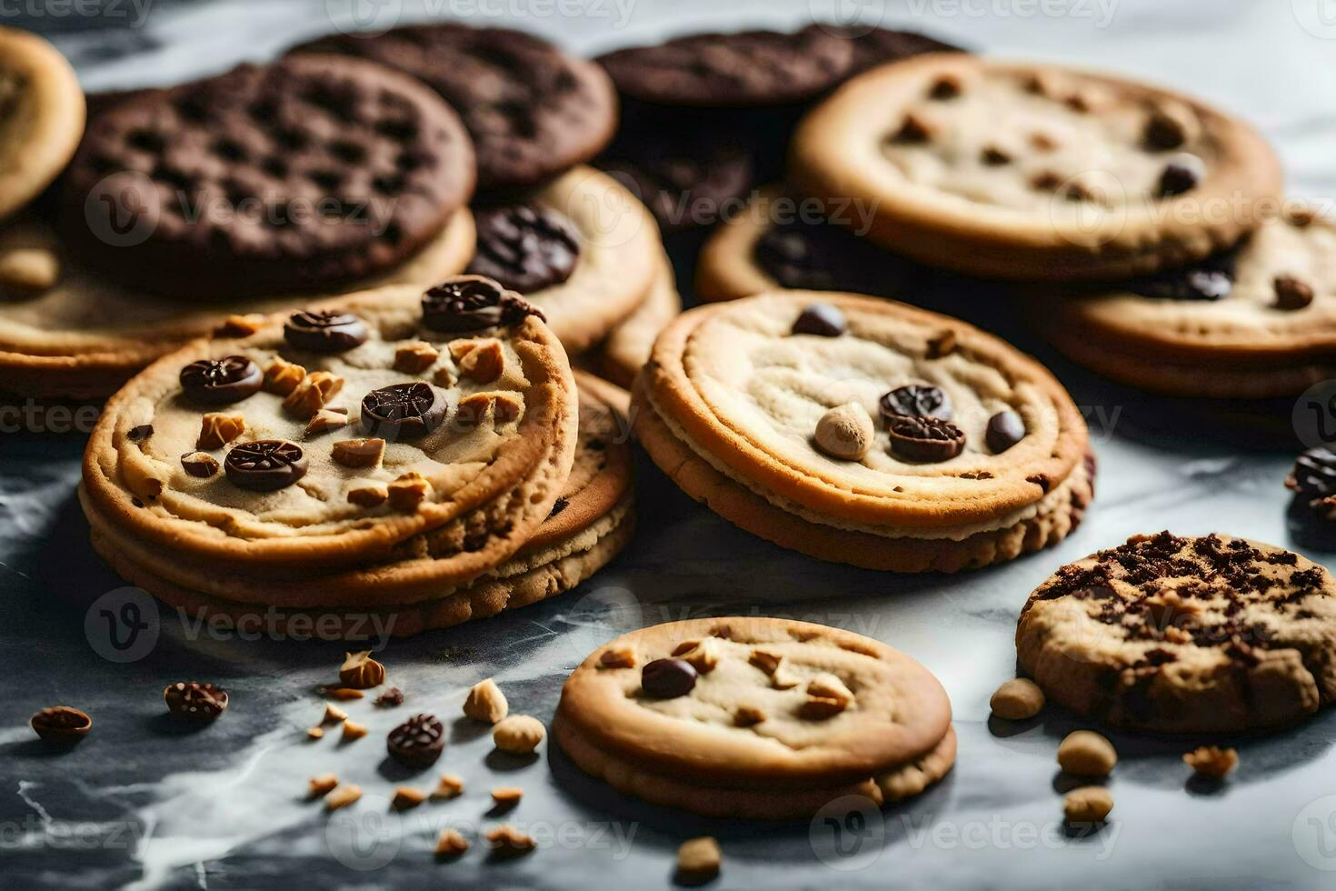 a close up of cookies and chocolate chips. AI-Generated photo