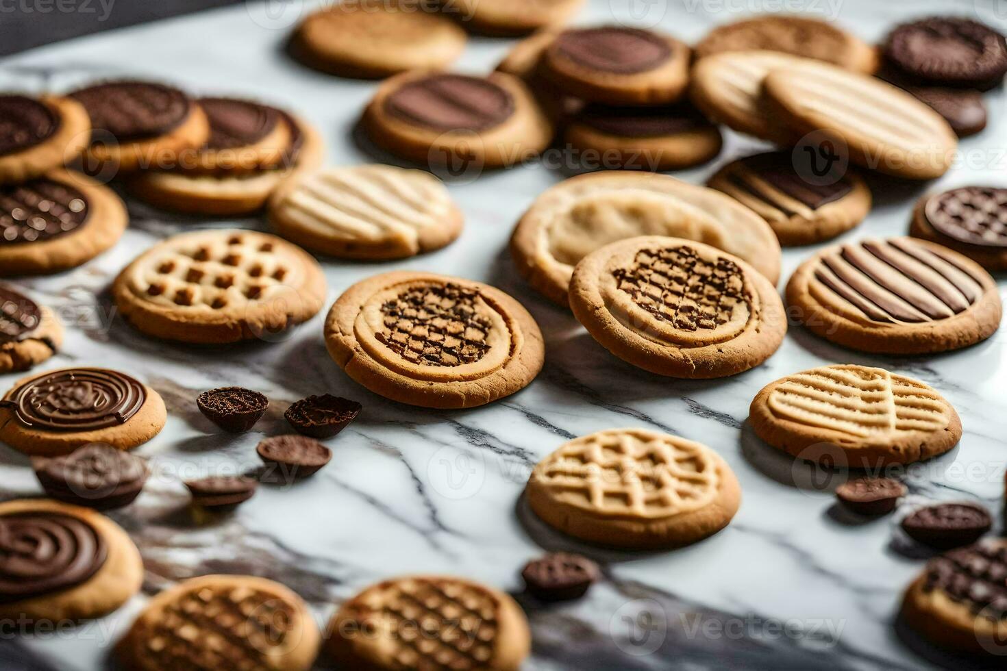 a close up of cookies on a marble surface. AI-Generated photo