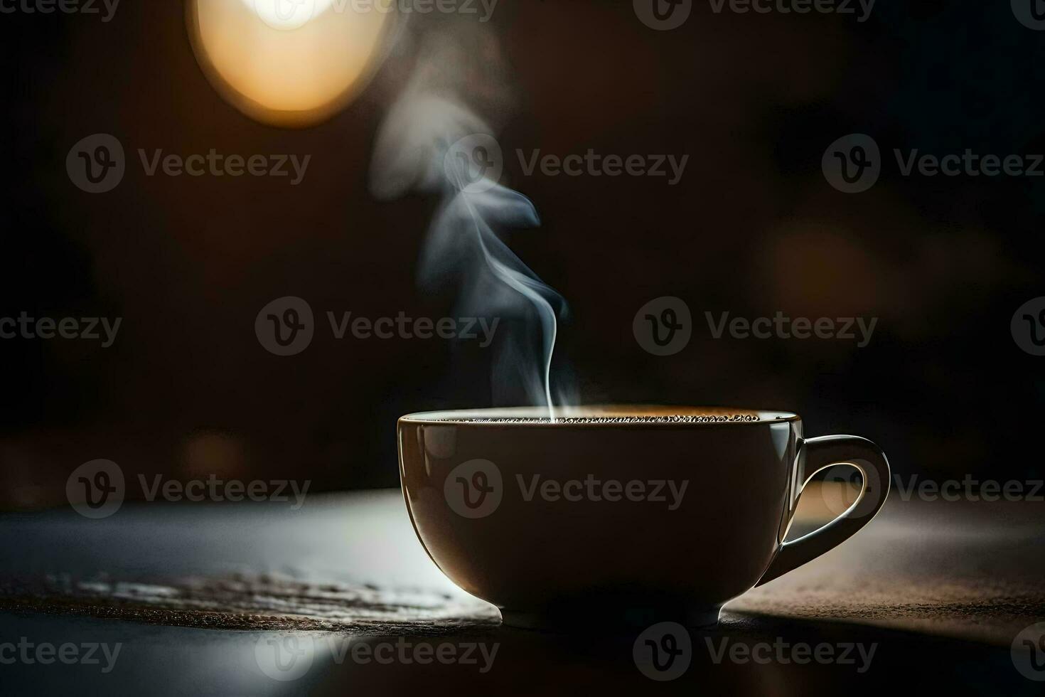 a cup of coffee on a table with smoke coming out of it. AI-Generated photo