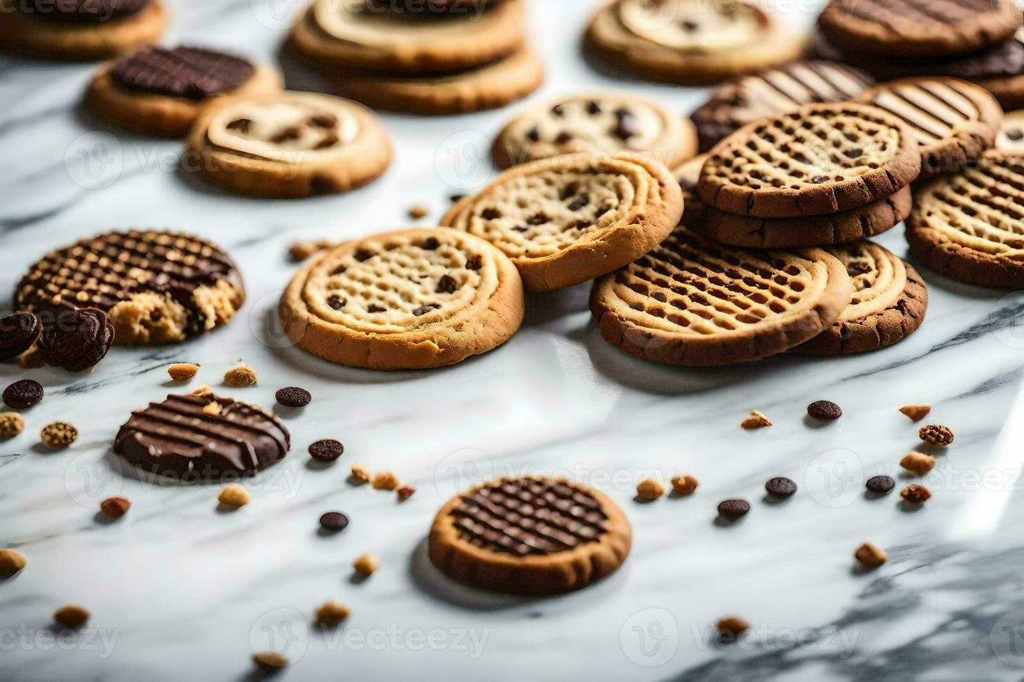 a close up of cookies and chocolate chips. AI-Generated photo