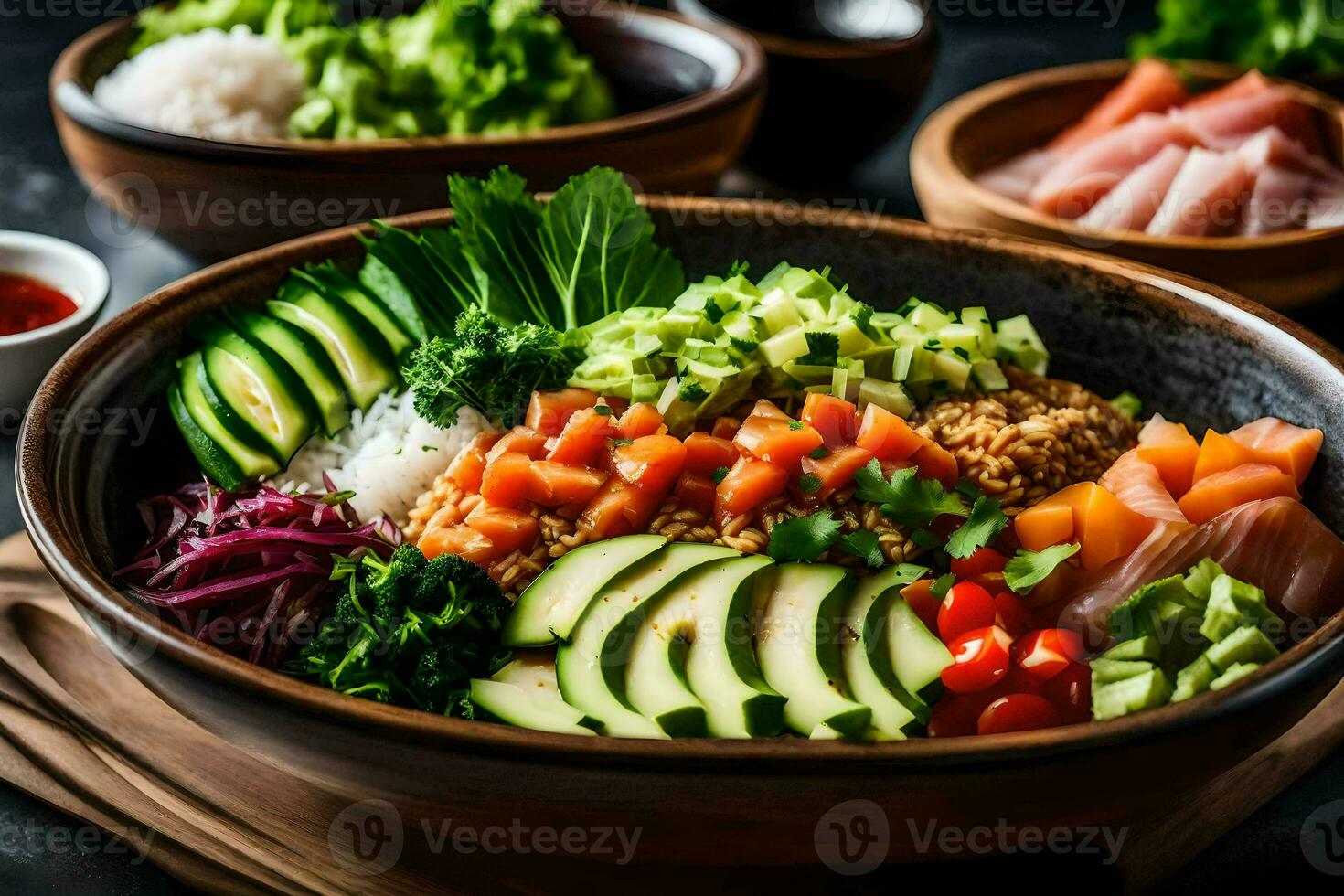 a bowl of sushi with vegetables and meat. AI-Generated photo