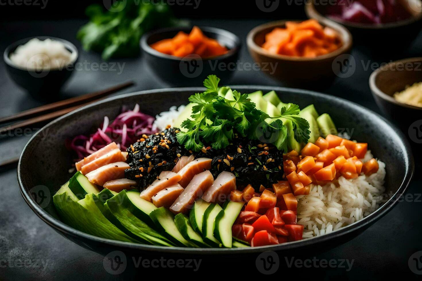 a bowl of sushi with rice, vegetables and other ingredients. AI-Generated photo