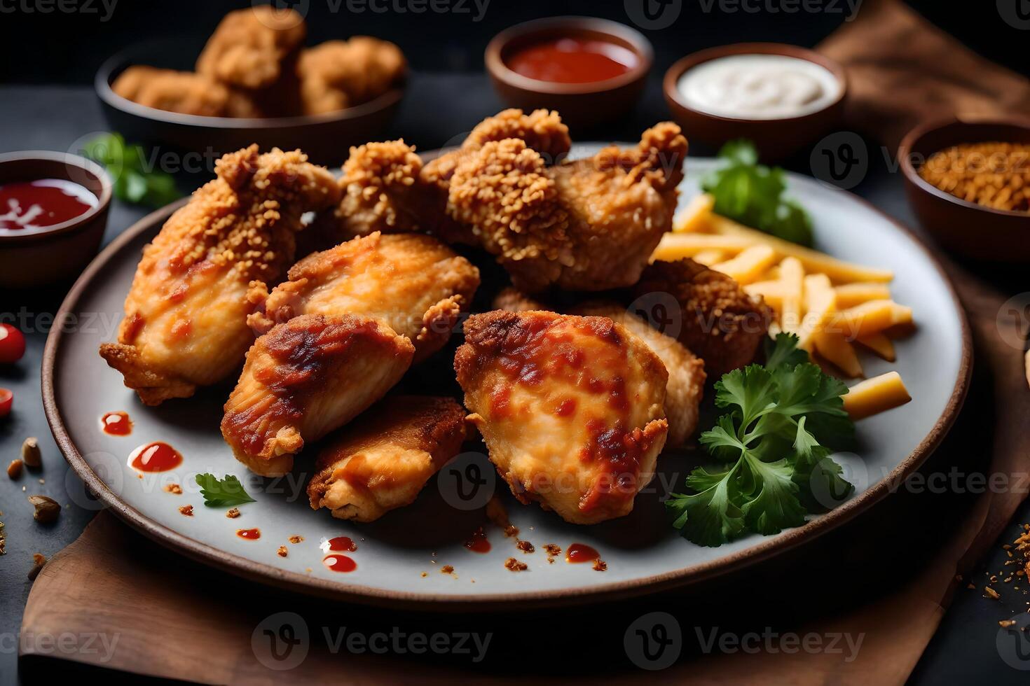 chicken wings and fries on a plate. AIGenerated 33790622 Stock Photo