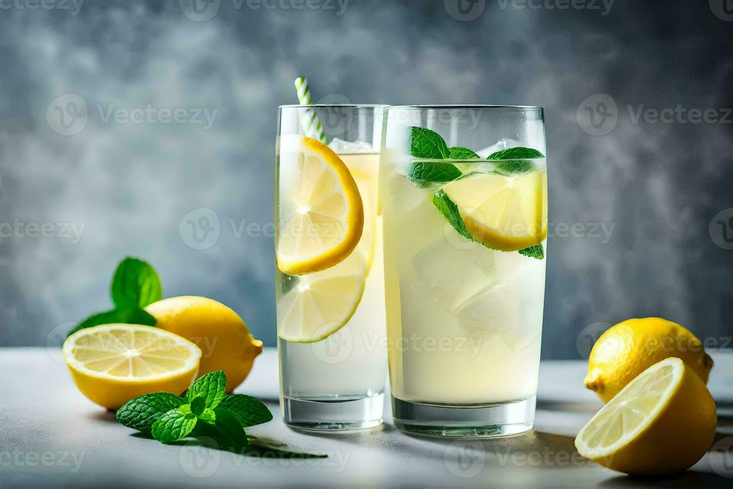 two glasses of lemonade with mint leaves and lemons. AI-Generated photo