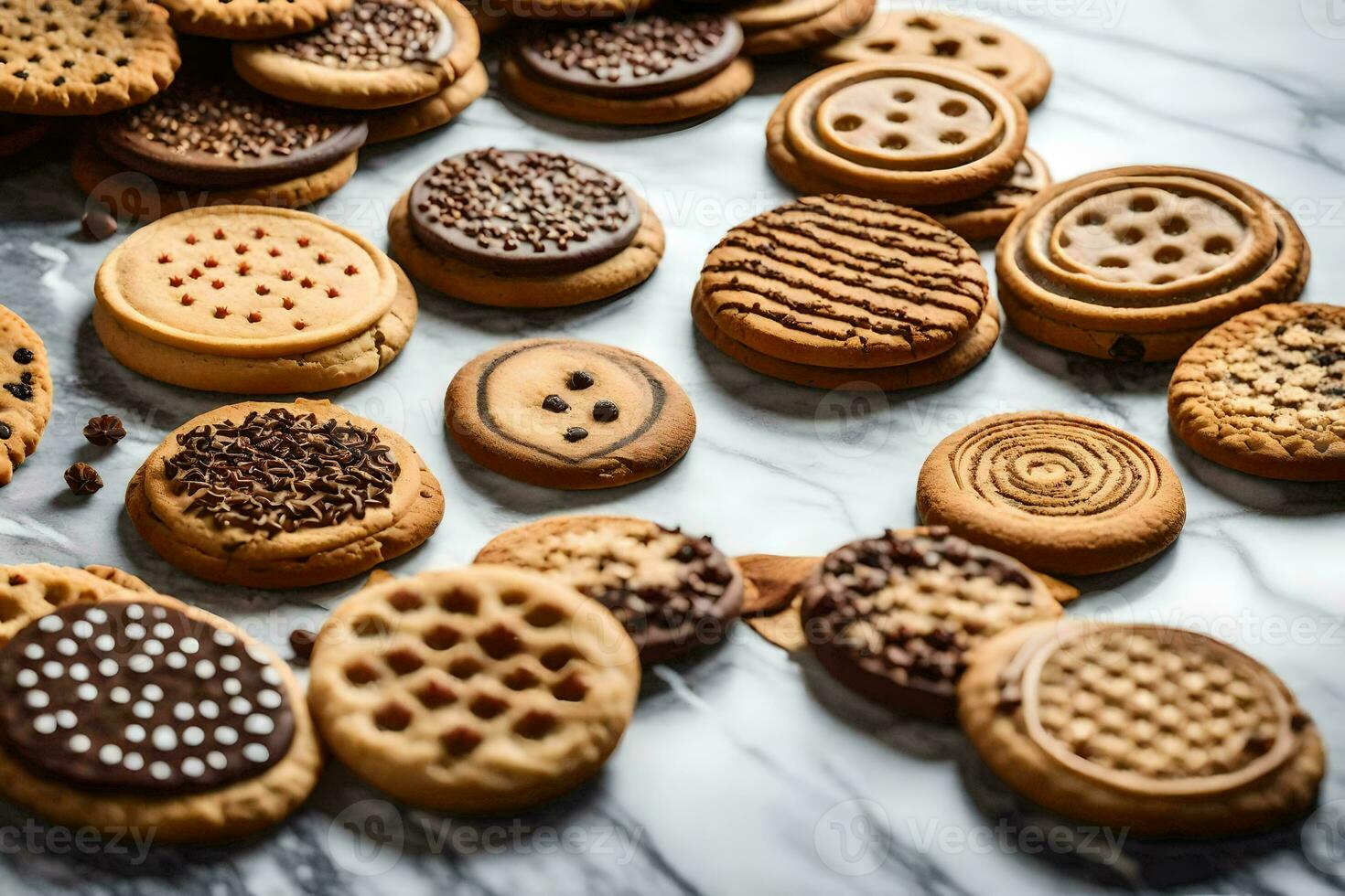 a variety of cookies on a marble counter. AI-Generated photo