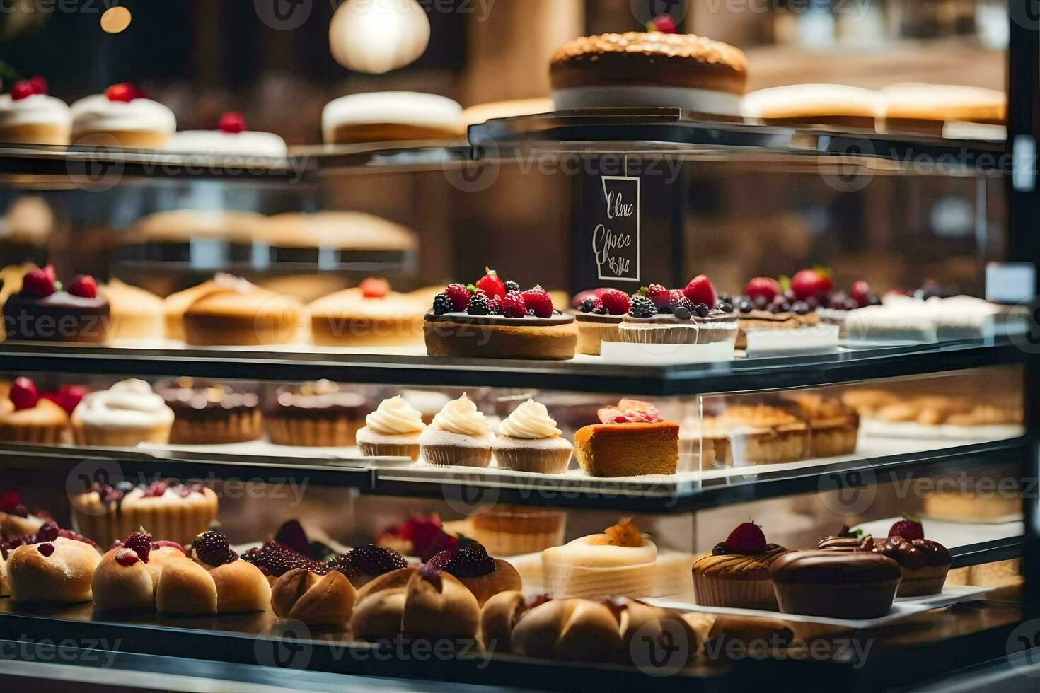 muchos diferente tipos de pasteles son en monitor en un vaso caso. generado por ai foto