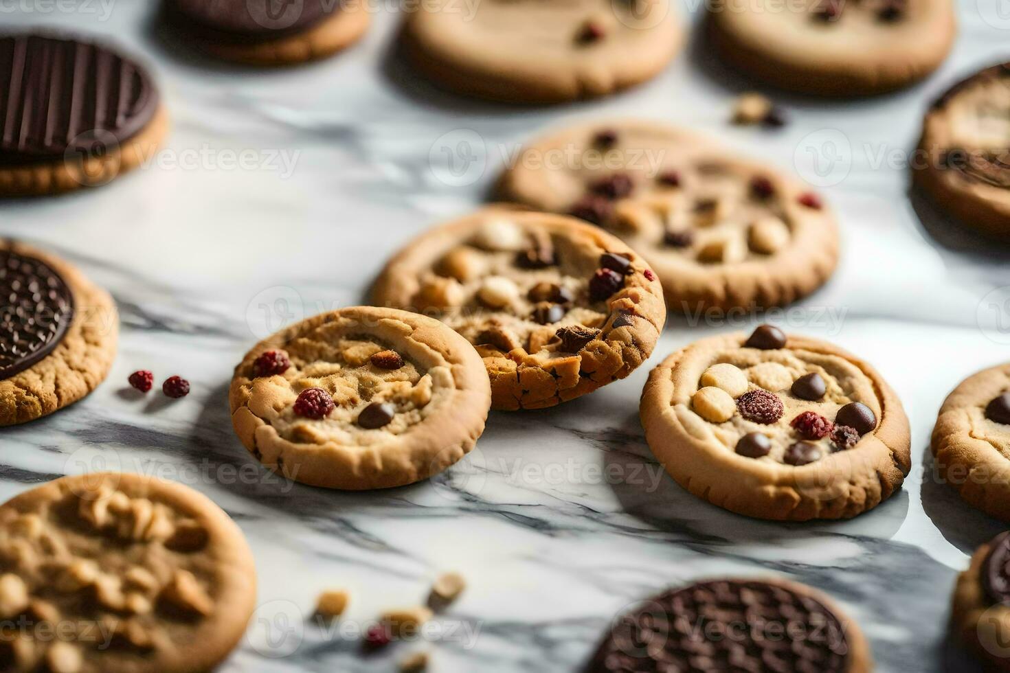 a close up of cookies on a marble counter. AI-Generated photo