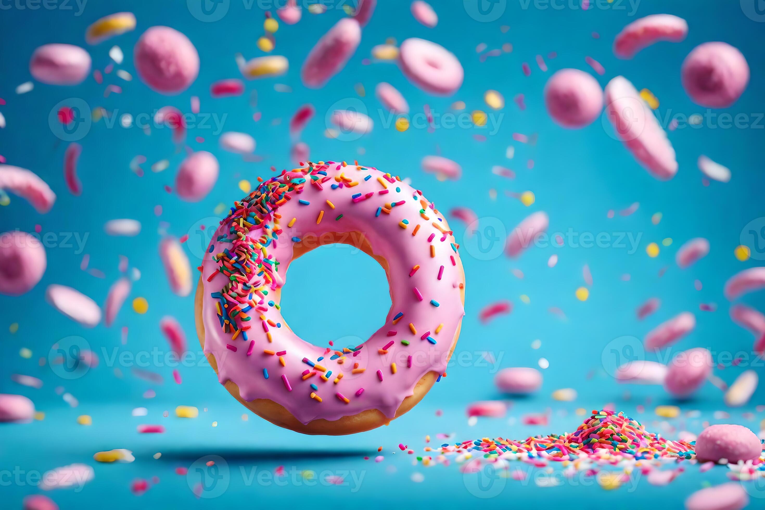 a pink donut surrounded by sprinkles and confetti. AIGenerated