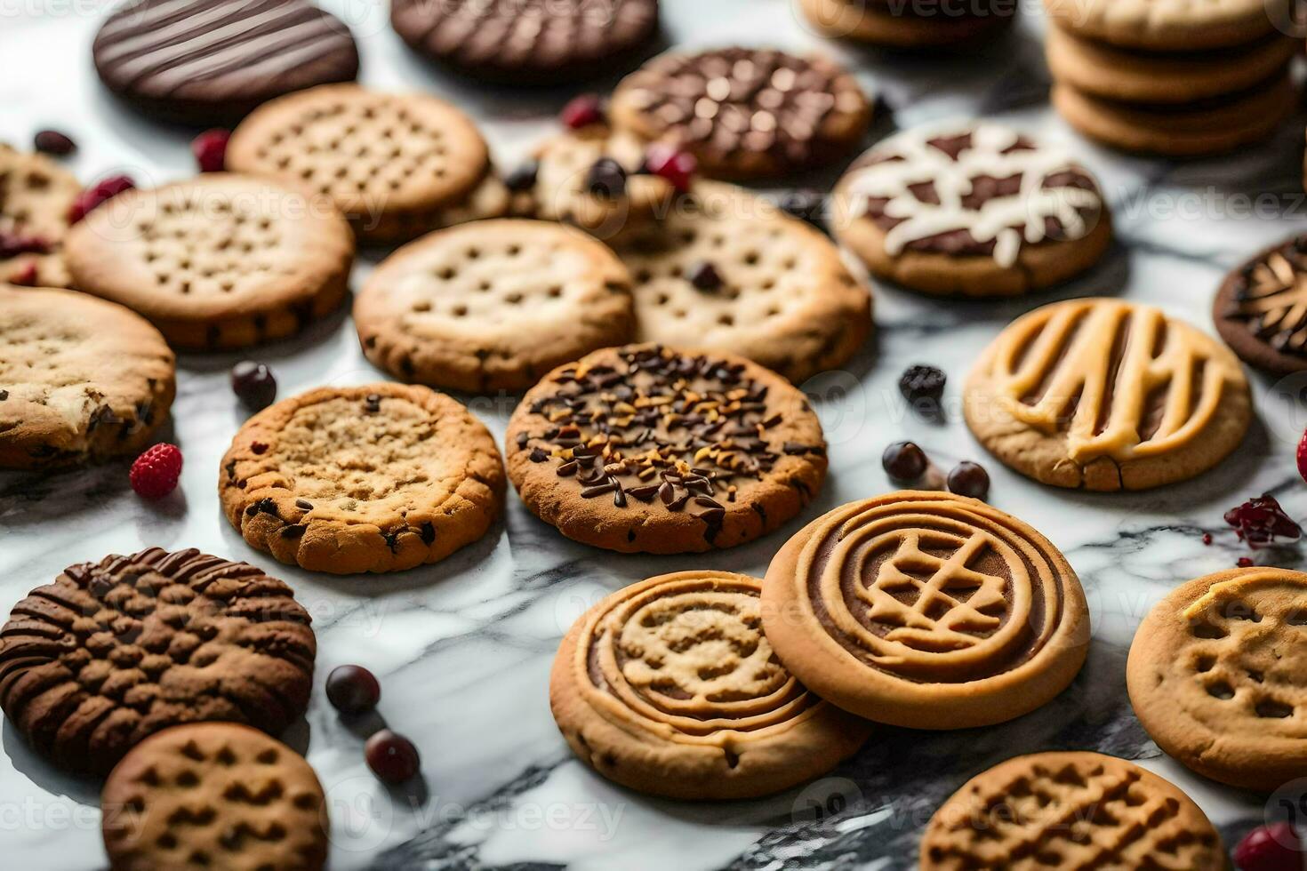 a variety of cookies and cookies on a marble counter. AI-Generated photo