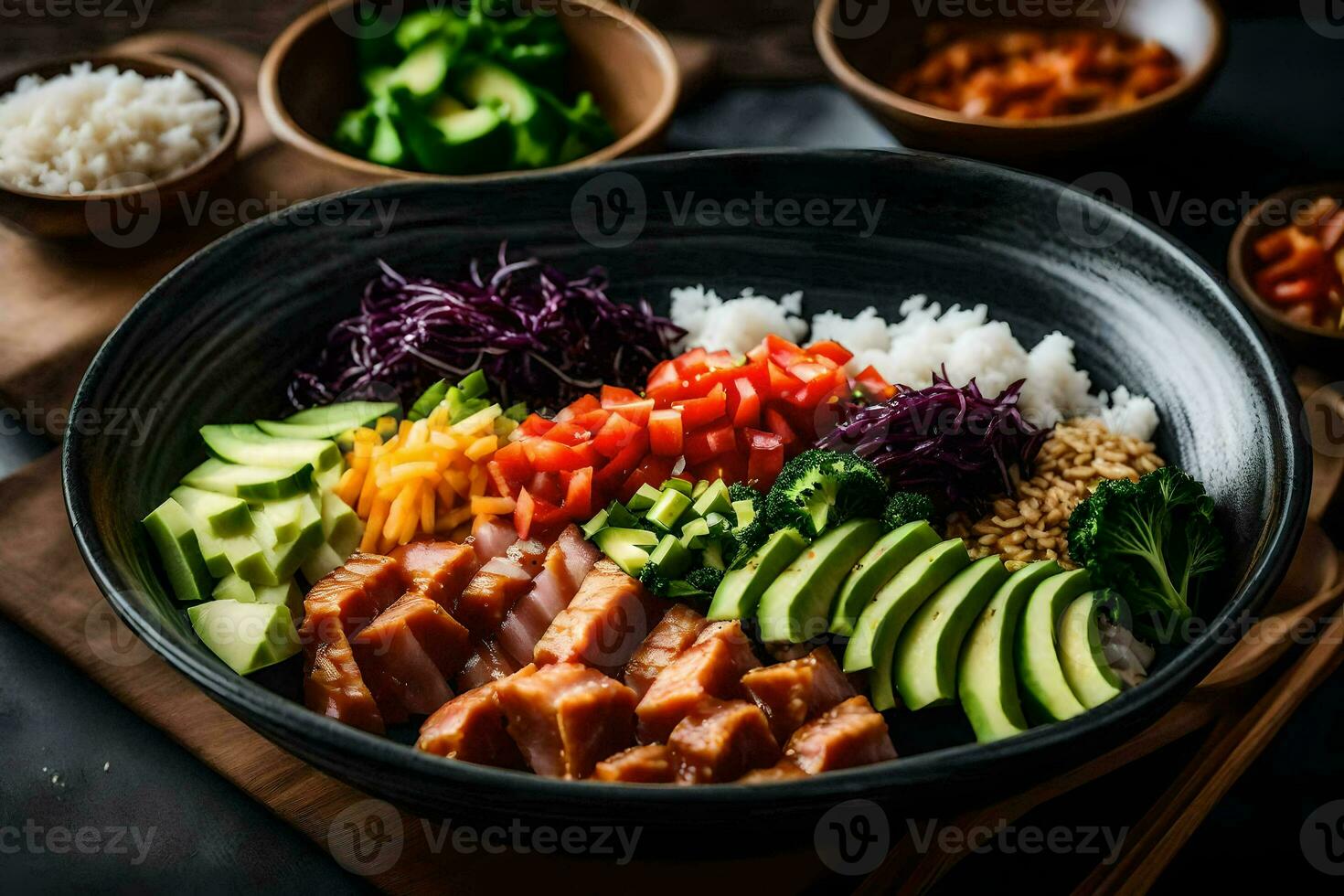 a bowl of sushi with rice, avocado, and other ingredients. AI-Generated photo