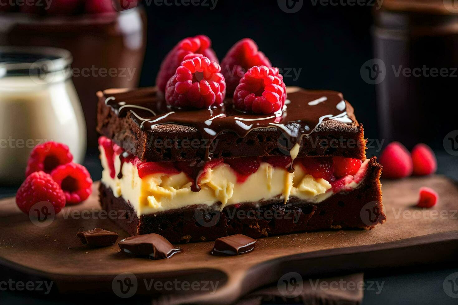 chocolate cake with raspberries and cream on a wooden board. AI-Generated photo