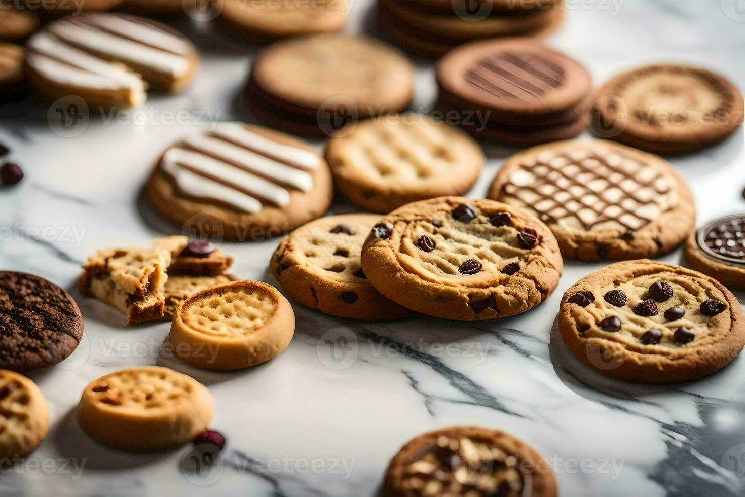 a variety of cookies and cookies on a marble counter. AI-Generated photo