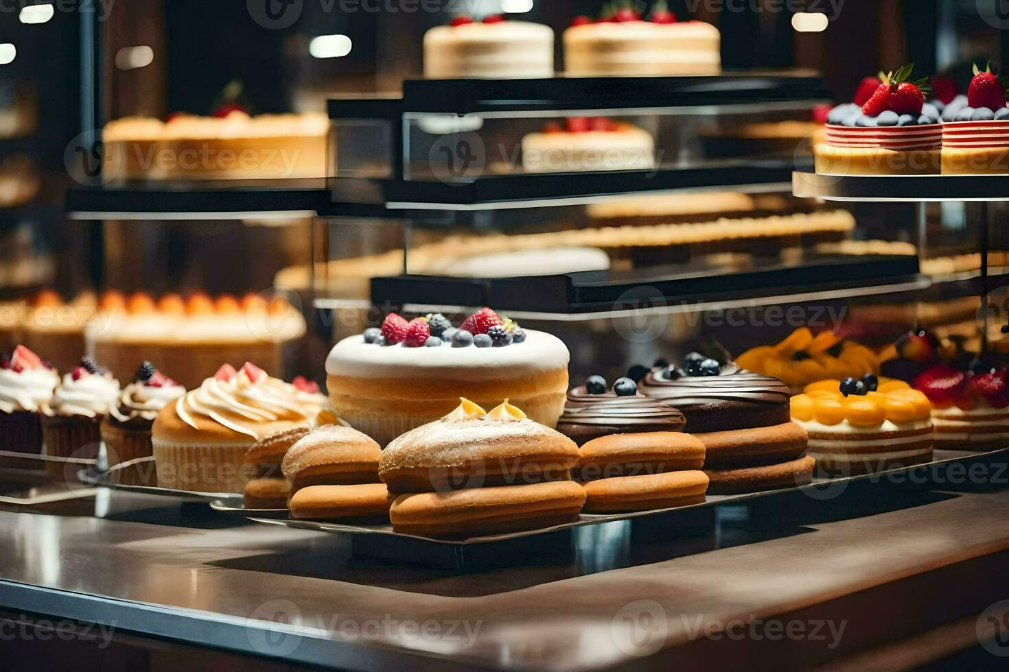 un monitor de pasteles y pasteles en un panadería. generado por ai foto