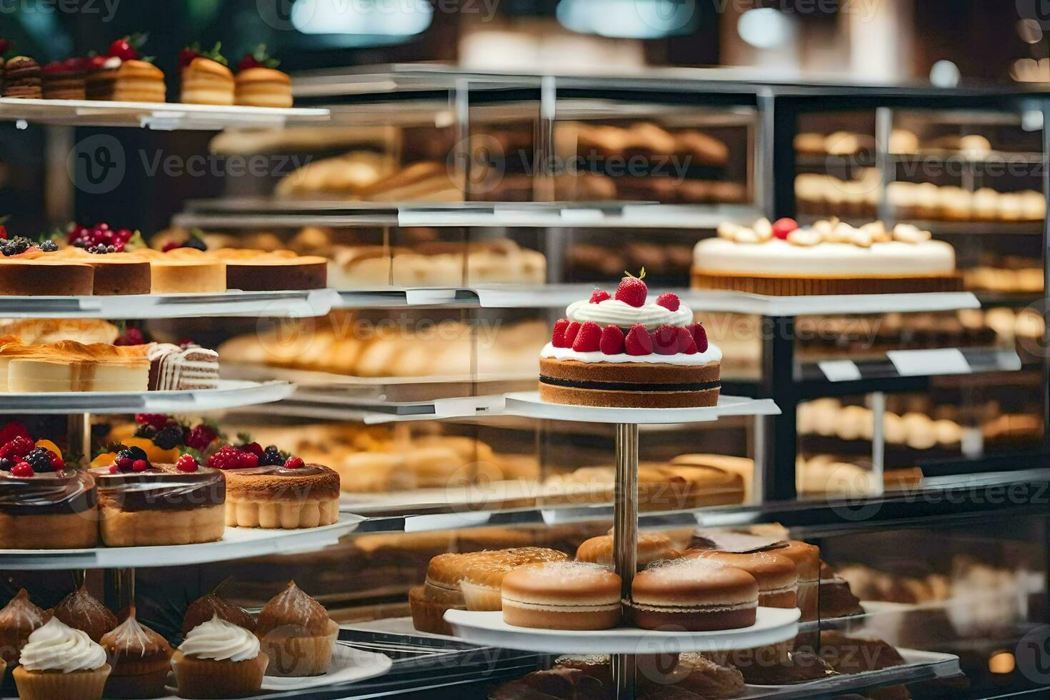 many different types of cakes are on display in a bakery. AI-Generated photo