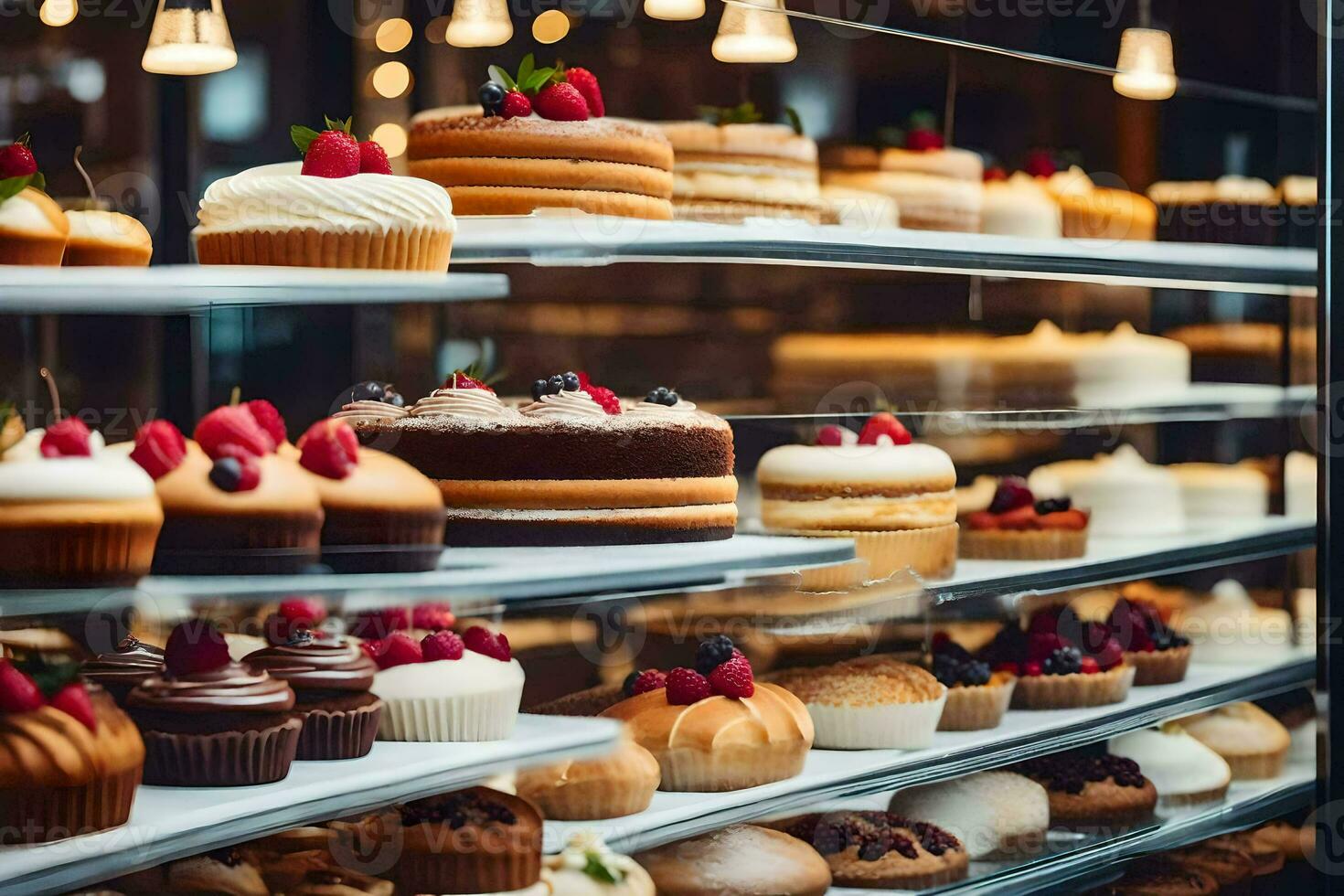 many different types of cakes are on display in a bakery. AI-Generated photo