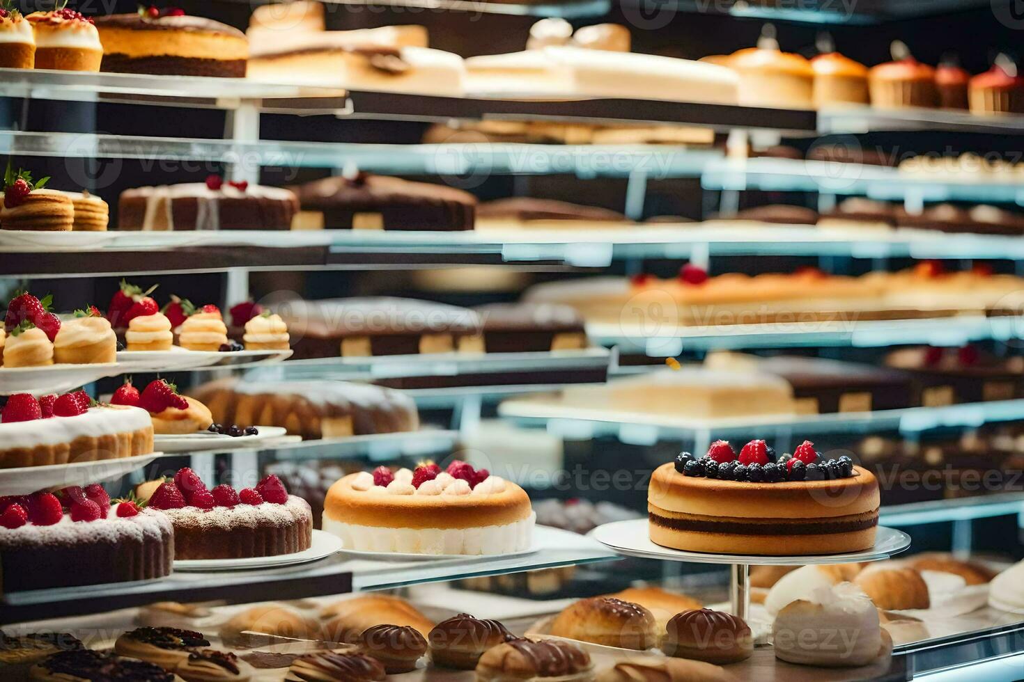 many different types of cakes are on display in a bakery. AI-Generated photo