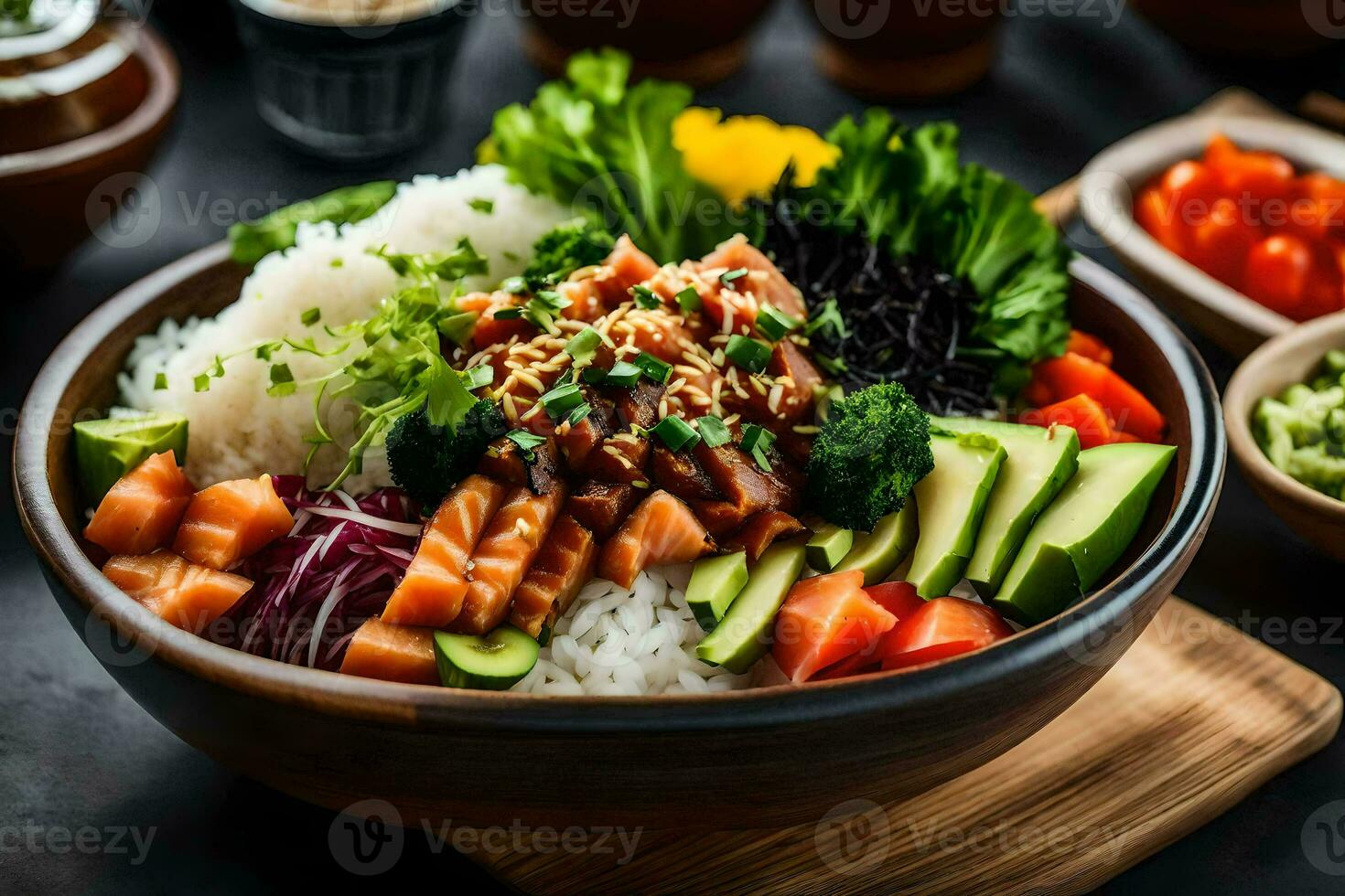 a bowl of sushi with rice, vegetables and other ingredients. AI-Generated photo