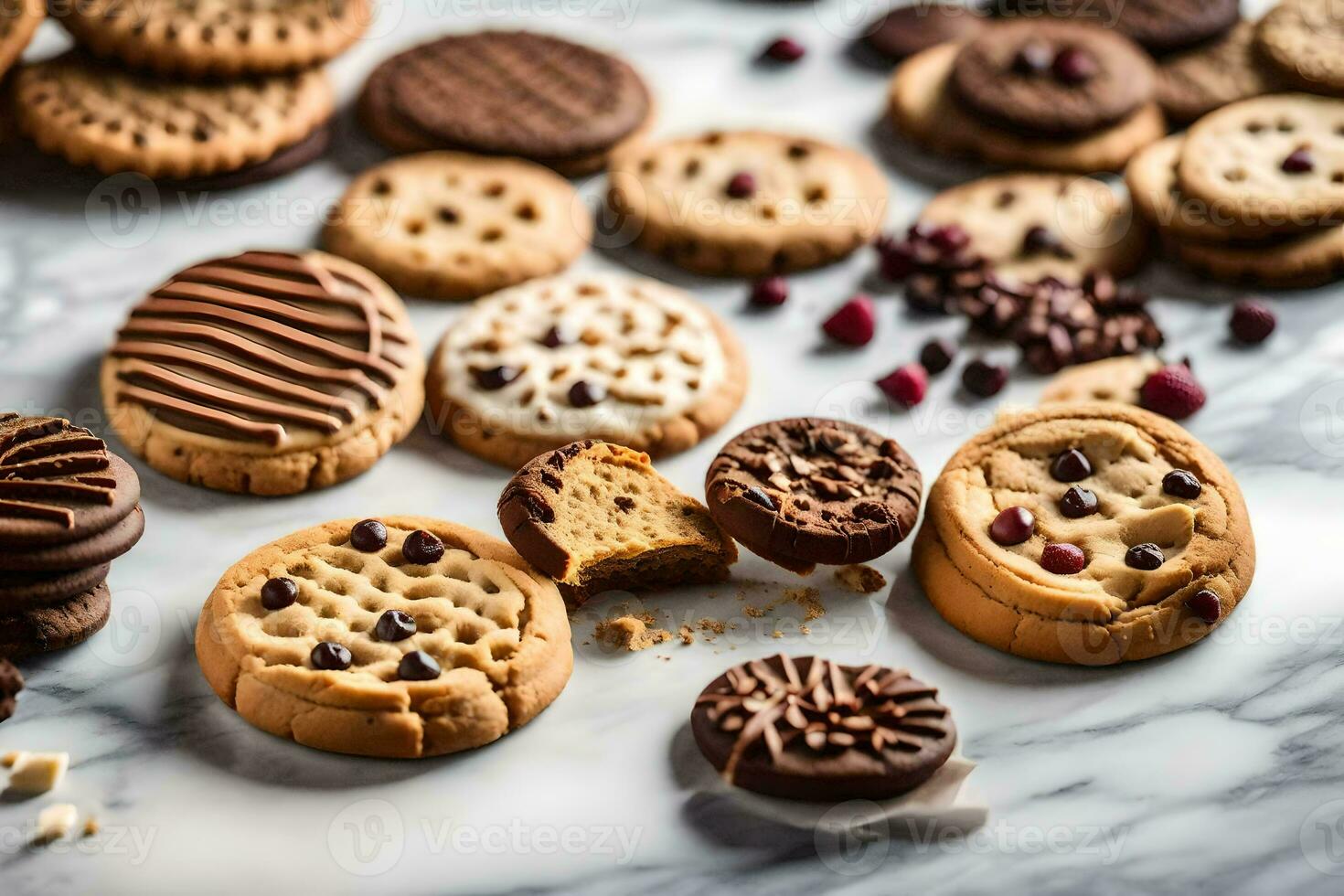 a variety of cookies and cookies on a marble surface. AI-Generated photo