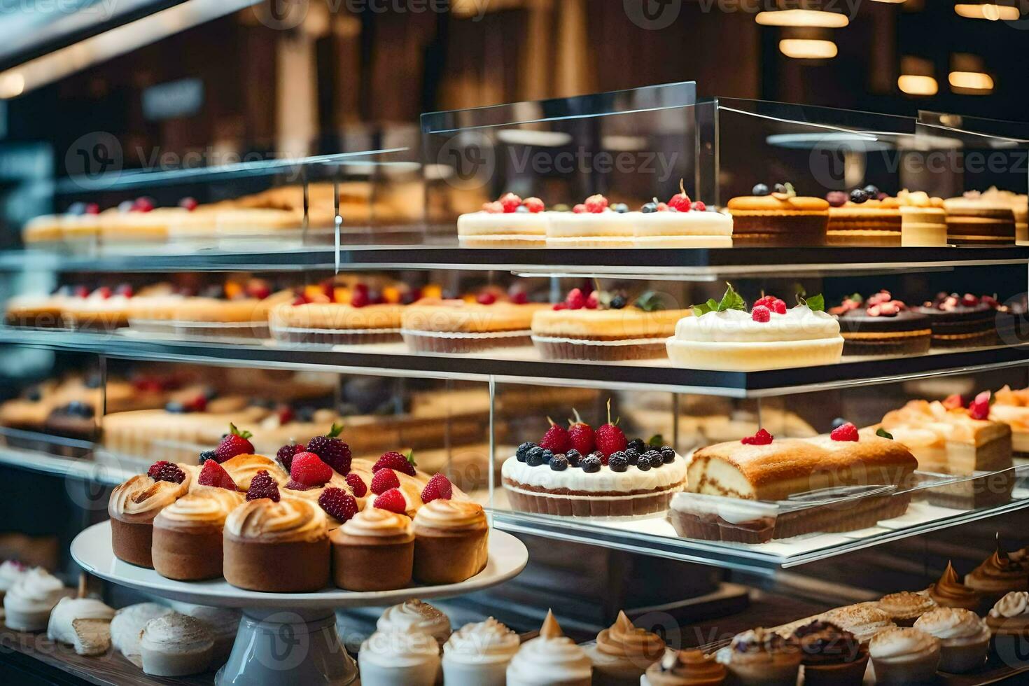 muchos diferente tipos de pasteles son en monitor en un panadería. generado por ai foto