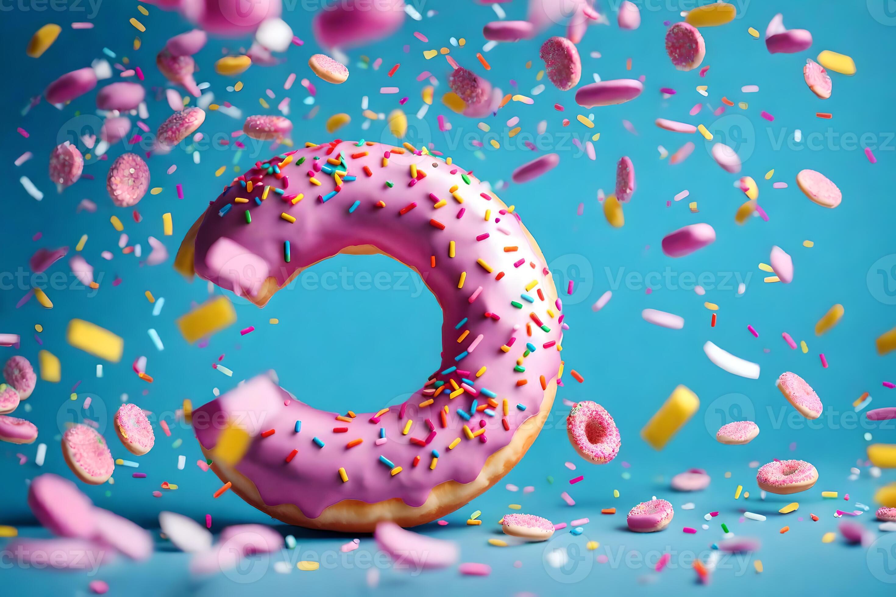 a pink doughnut with sprinkles and confetti falling from it. AI