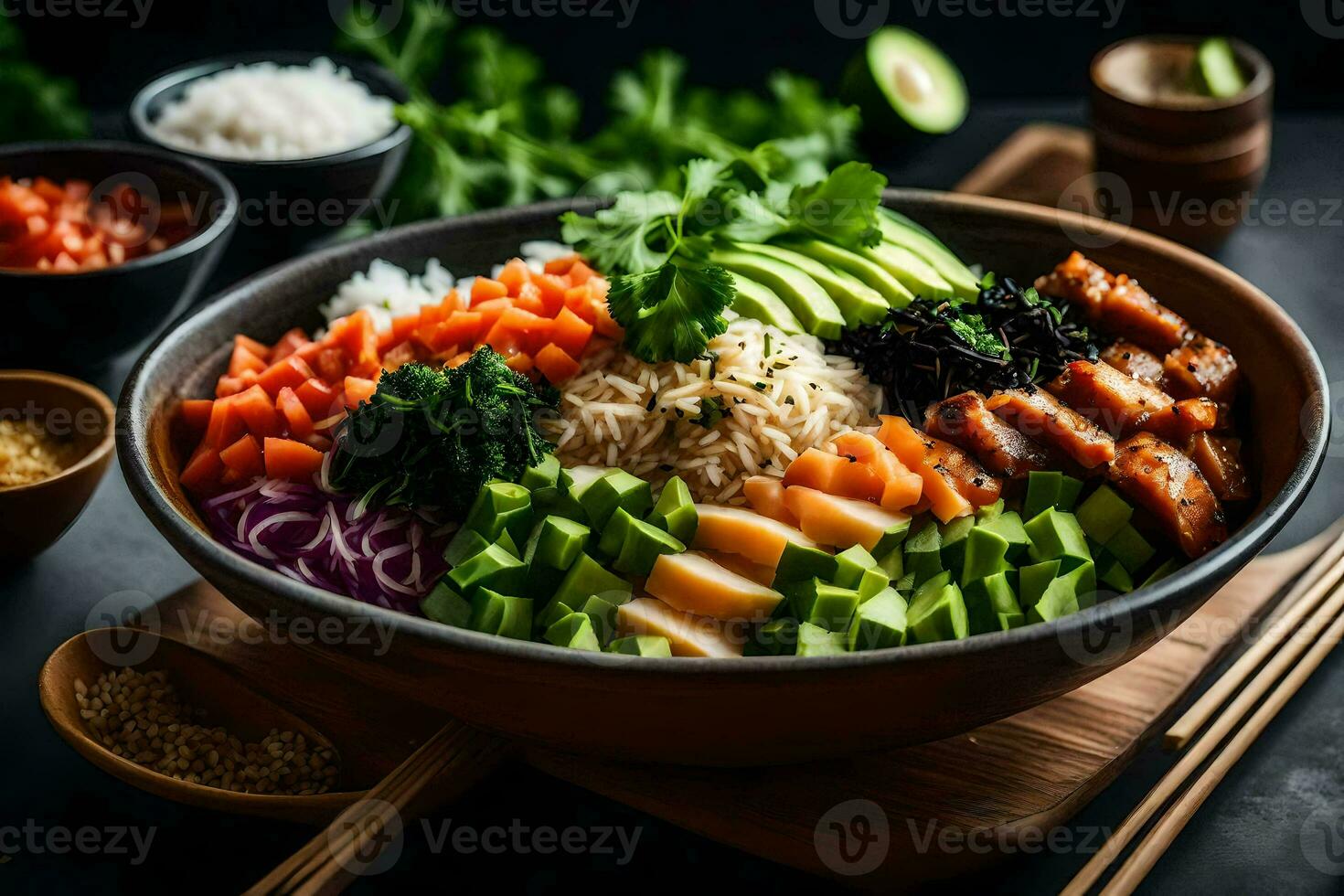 a bowl of asian food with rice, vegetables and chopsticks. AI-Generated photo