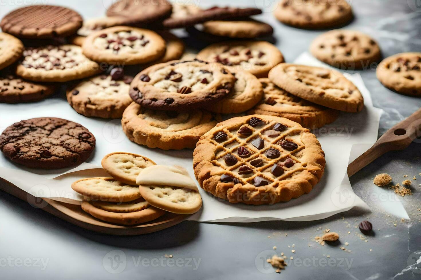 a variety of cookies and cookies on a cutting board. AI-Generated photo