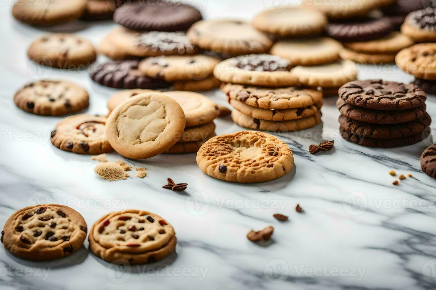 a variety of cookies on a marble counter. AI-Generated photo