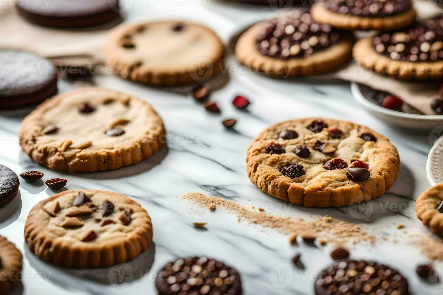 a variety of cookies on a marble counter. AI-Generated photo