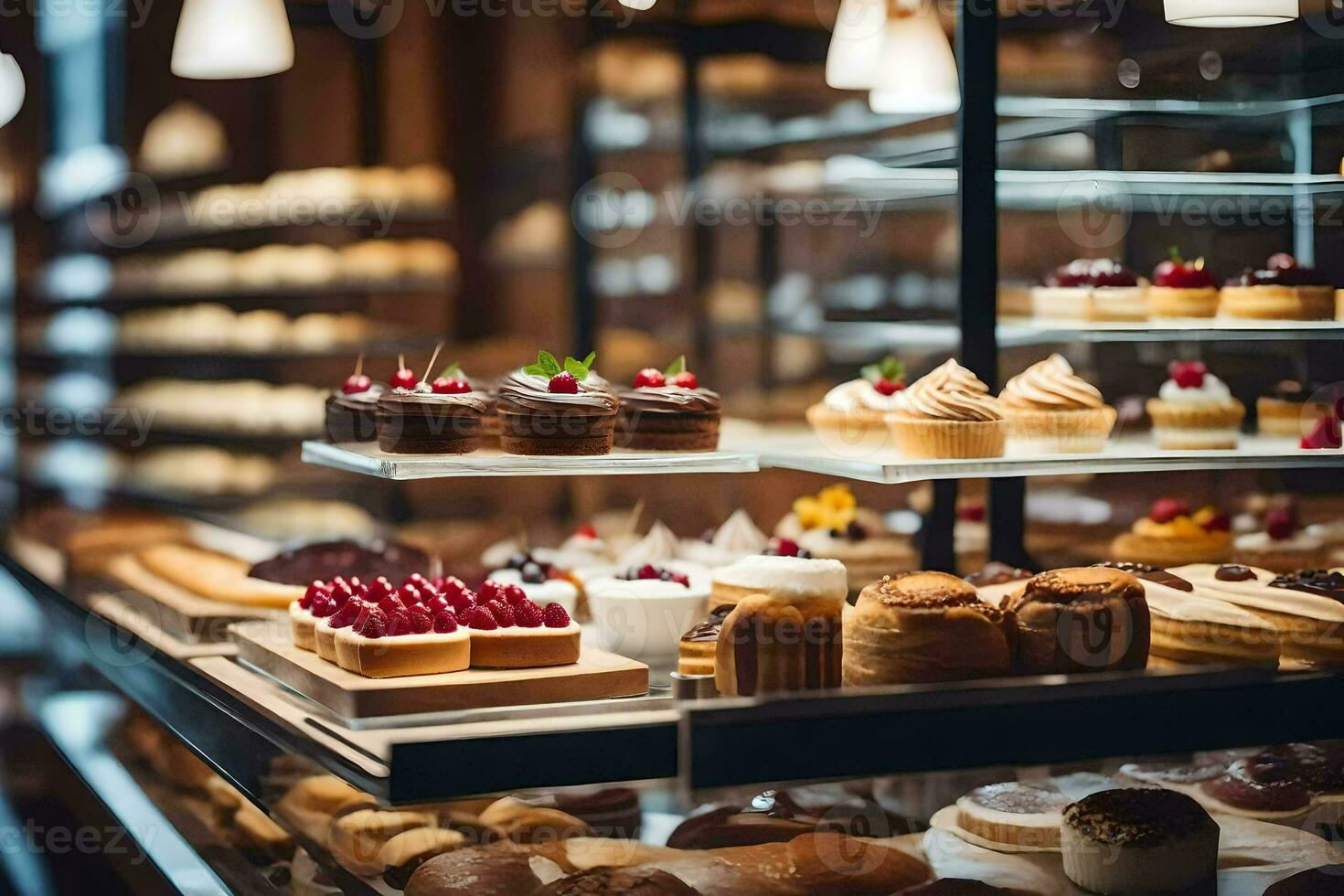 many different types of pastries are on display in a bakery. AI-Generated photo