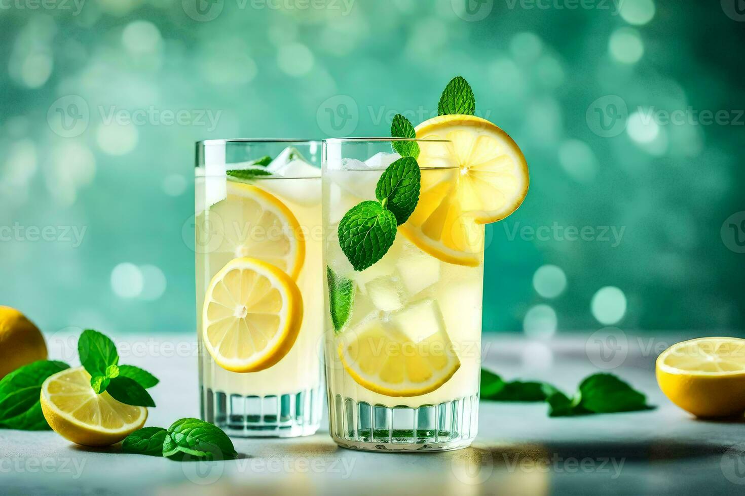 two glasses of lemonade with mint leaves. AI-Generated photo