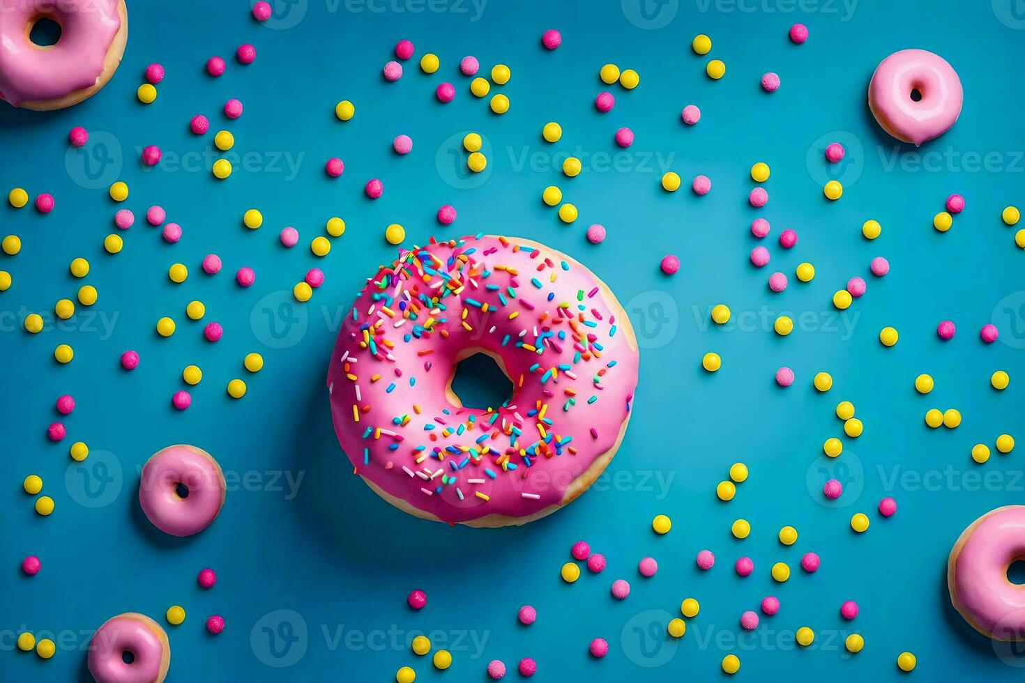 a pink donut surrounded by sprinkles on a blue background. AI-Generated photo