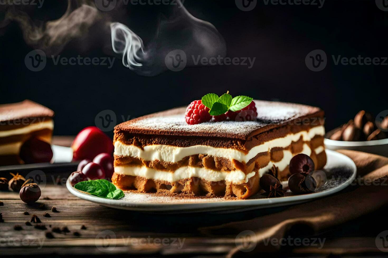 a piece of cake with chocolate and raspberries on a plate. AI-Generated photo