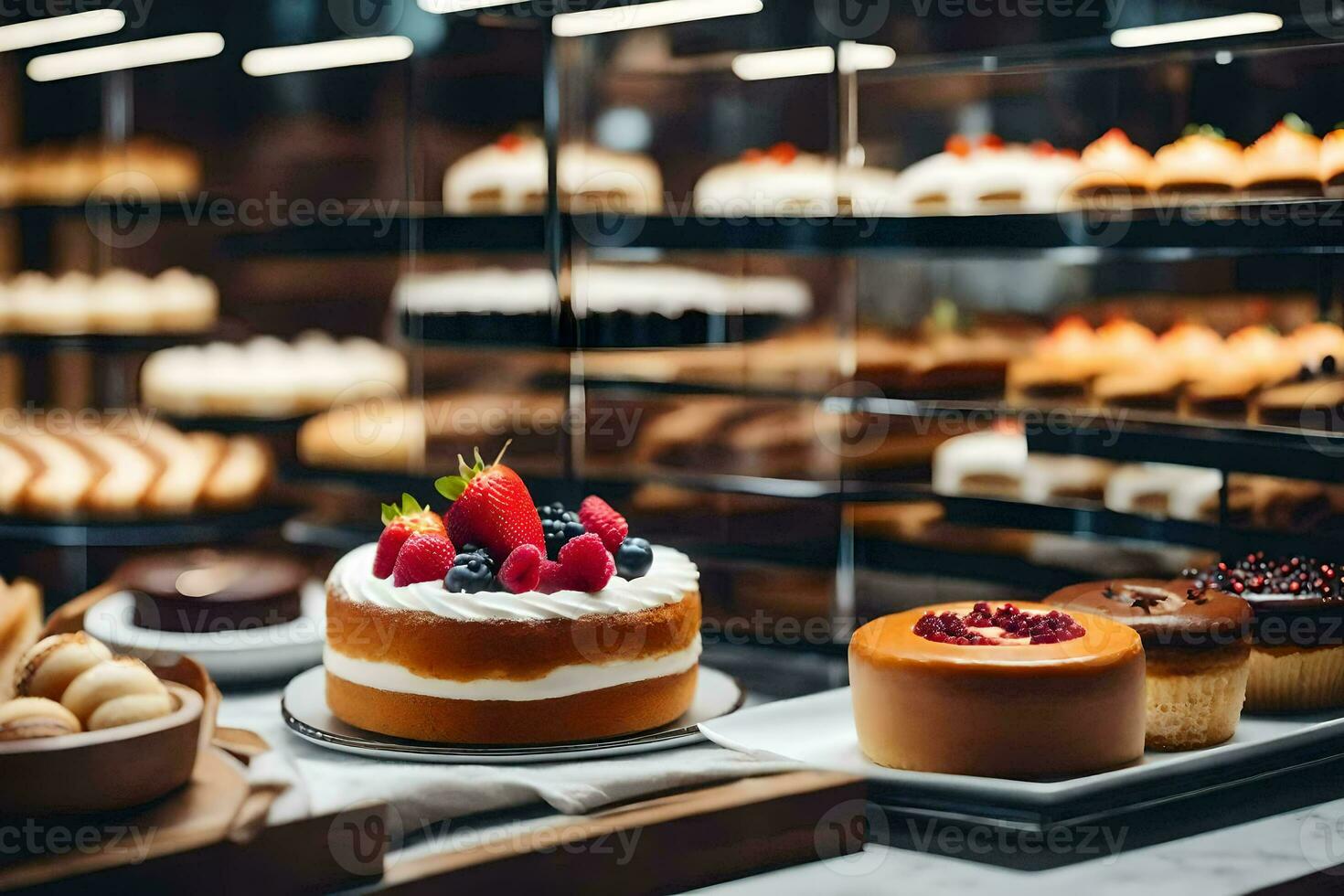 a bakery display with cakes and pastries. AI-Generated photo