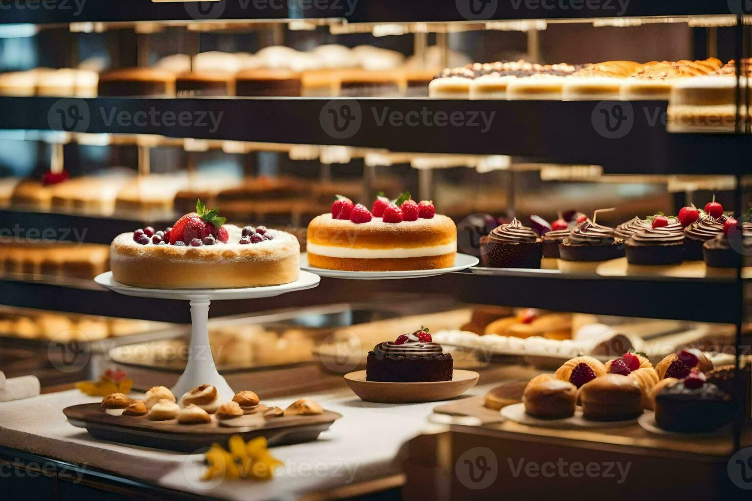 a bakery display with cakes and pastries on display. AI-Generated photo