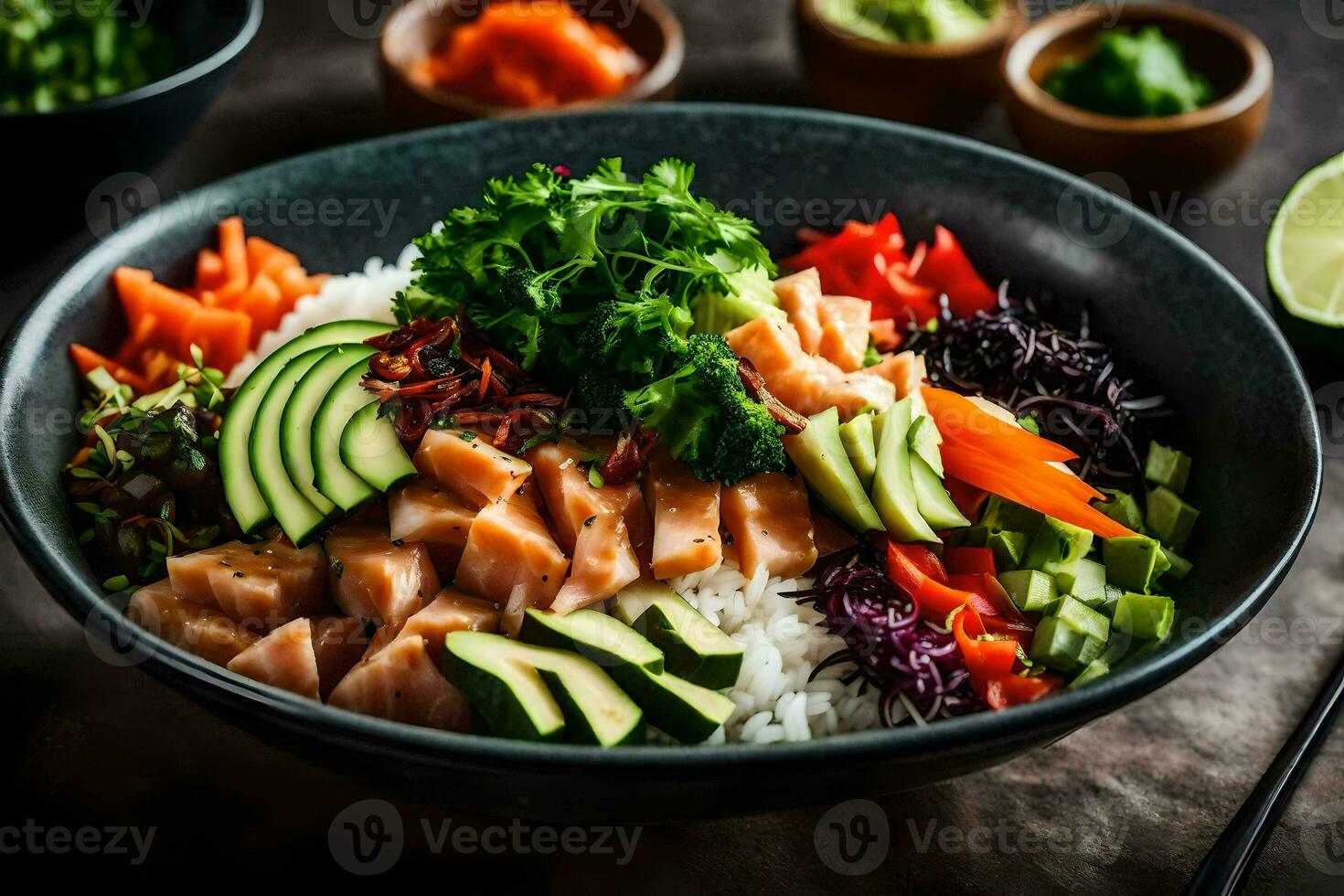 a bowl of sushi with rice, vegetables and salmon. AI-Generated photo