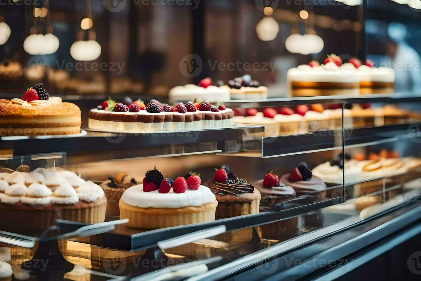 many different types of cakes are on display in a bakery. AI-Generated photo