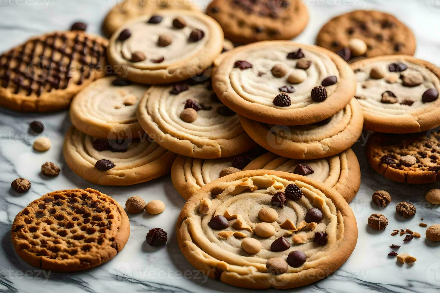 un pila de galletas y chocolate papas fritas. generado por ai foto