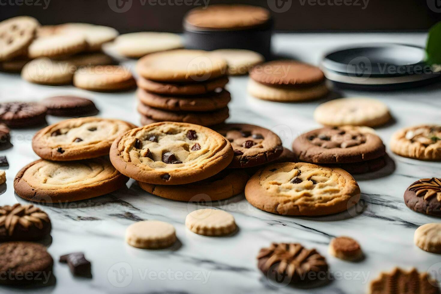 a variety of cookies and cookies on a marble counter. AI-Generated photo