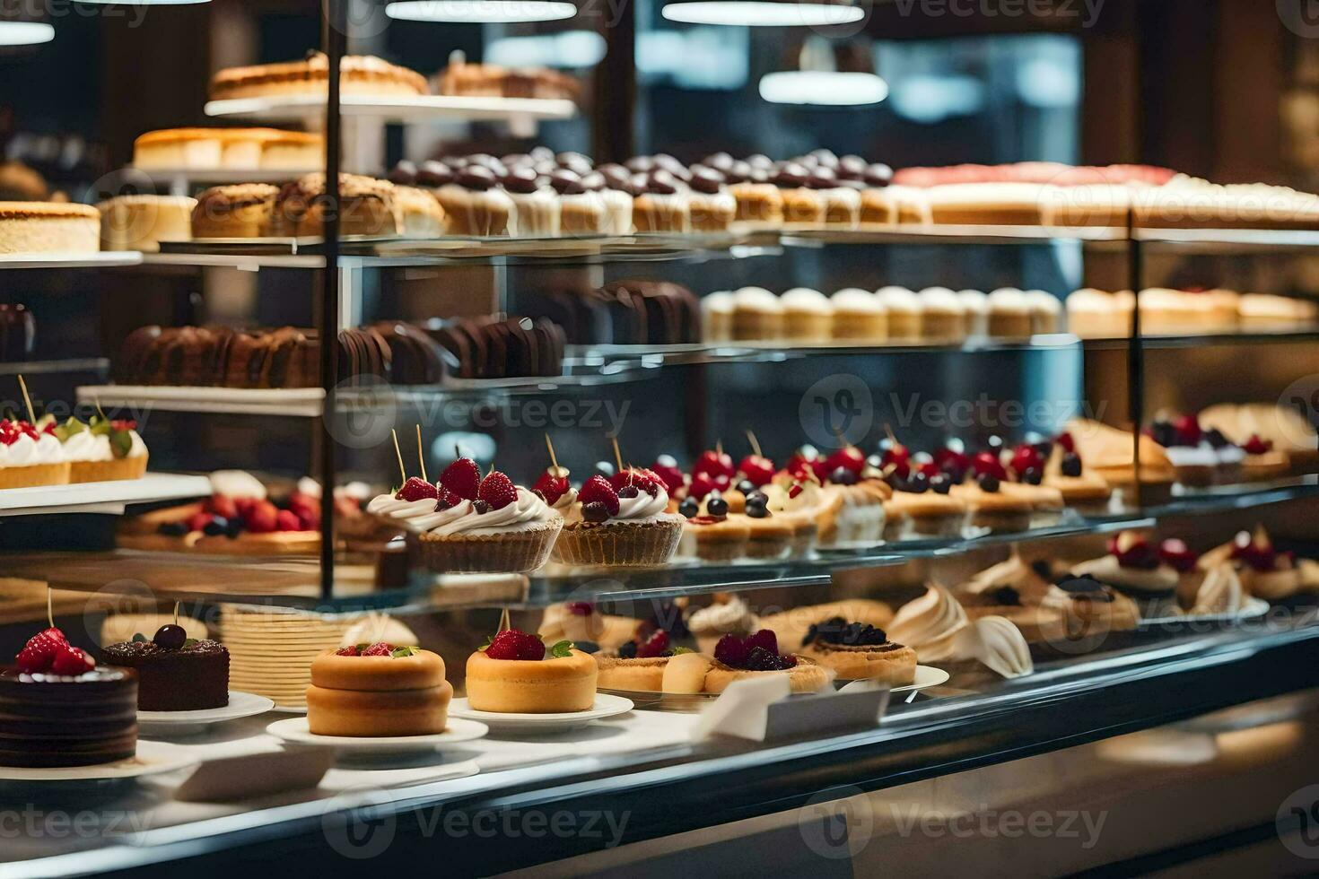 a display case filled with cakes and pastries. AI-Generated photo