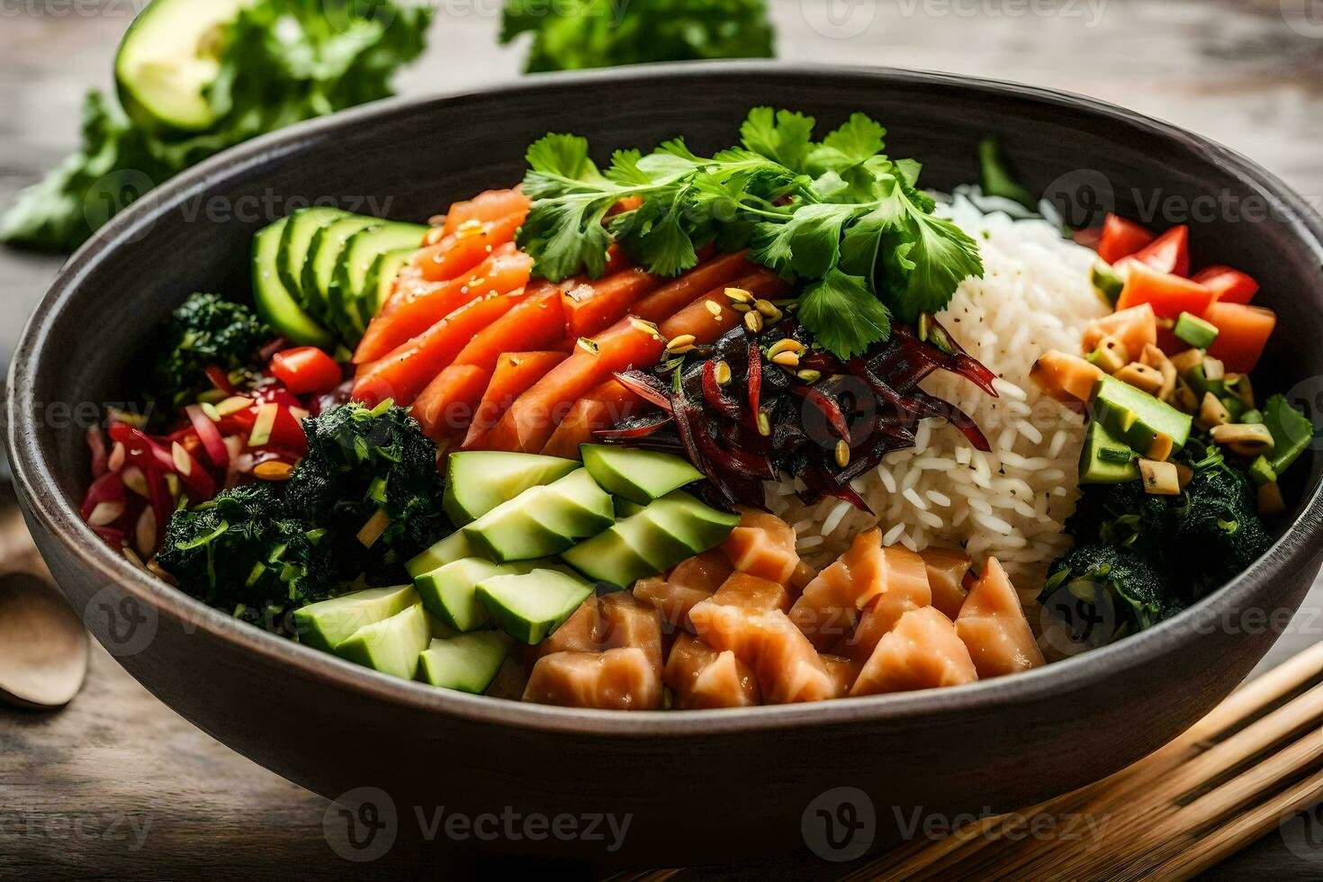 a bowl of asian food with rice, vegetables and meat. AI-Generated photo