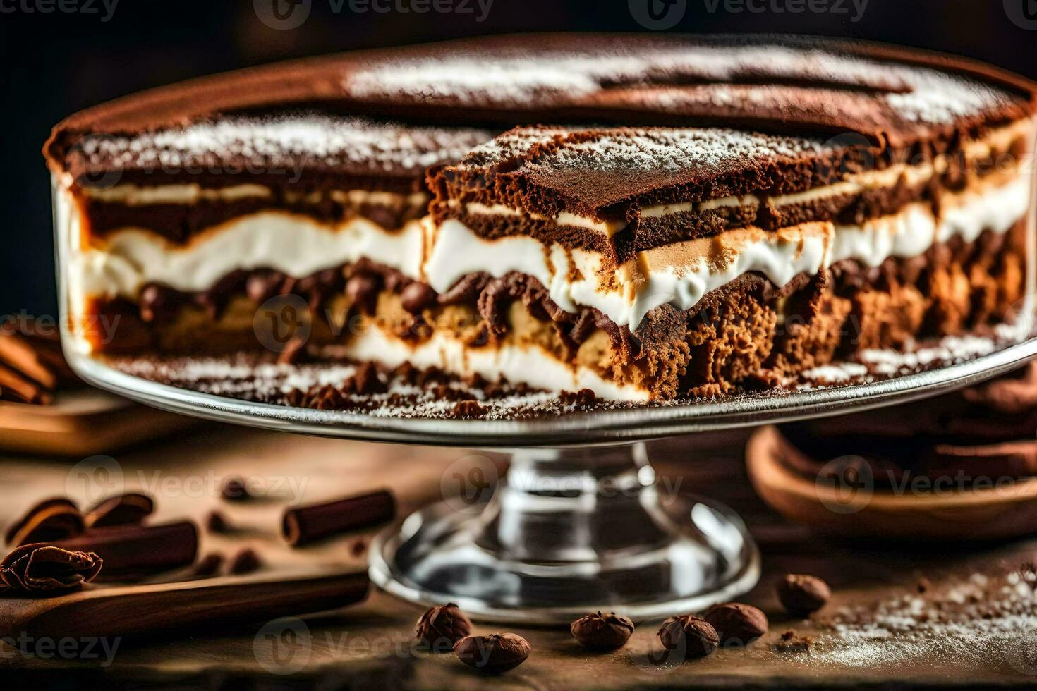 un rebanada de chocolate pastel en un pastel pararse. generado por ai foto