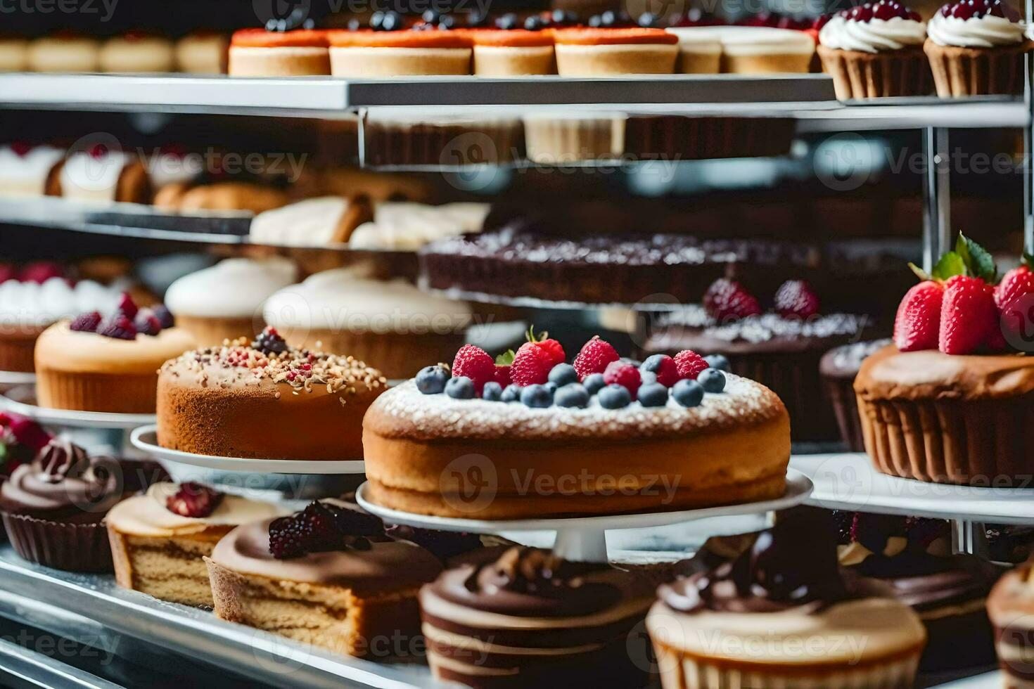 many different types of cakes are on display in a bakery. AI-Generated photo