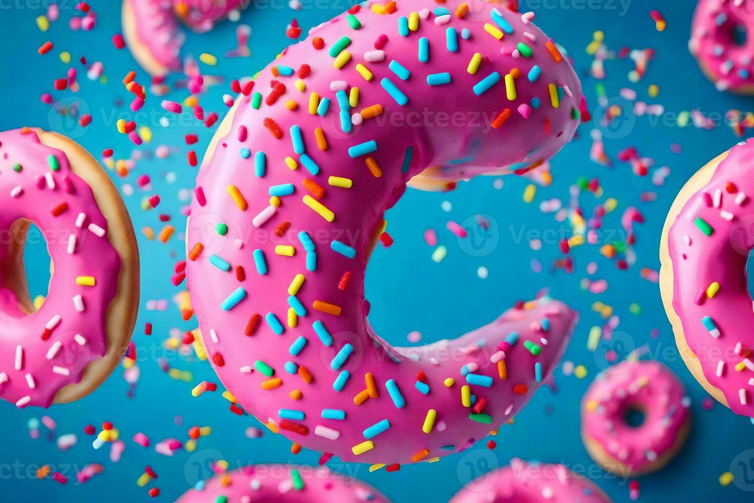 donuts with sprinkles on a blue background. AI-Generated photo