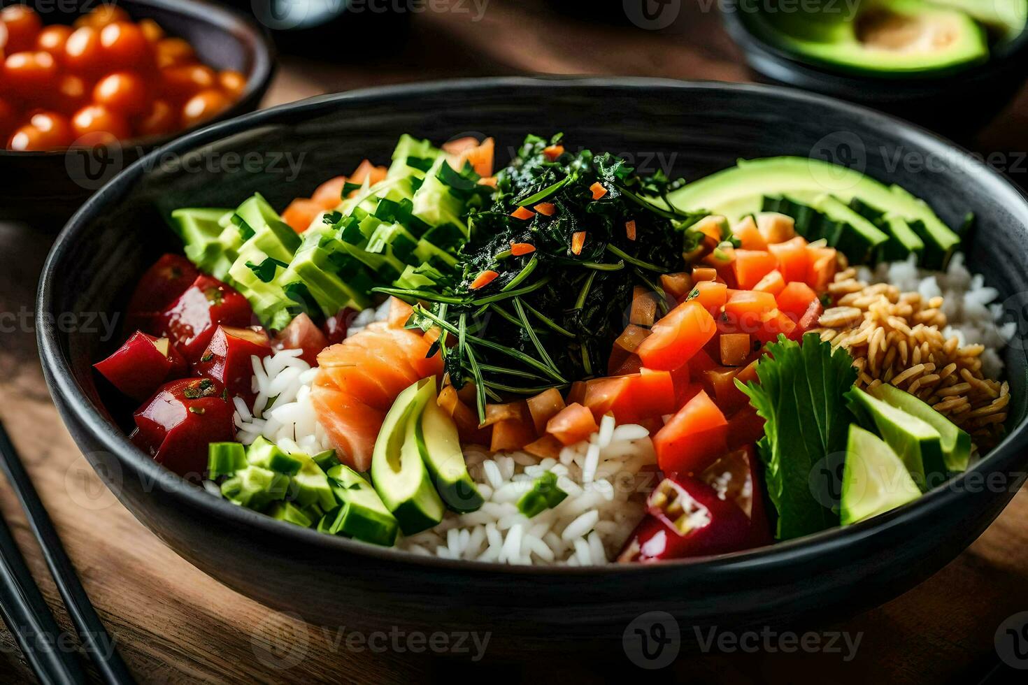 a bowl of sushi with rice, vegetables and avocado. AI-Generated photo